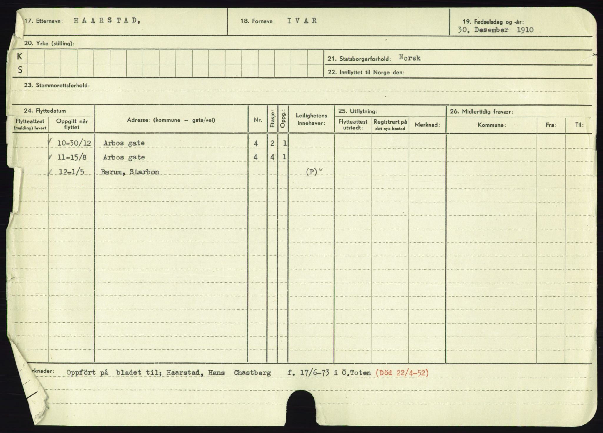 Oslo folkeregister, Registerkort, AV/SAO-A-11715/F/Fa/Fac/L0003: Menn, 1906-1914, p. 954a