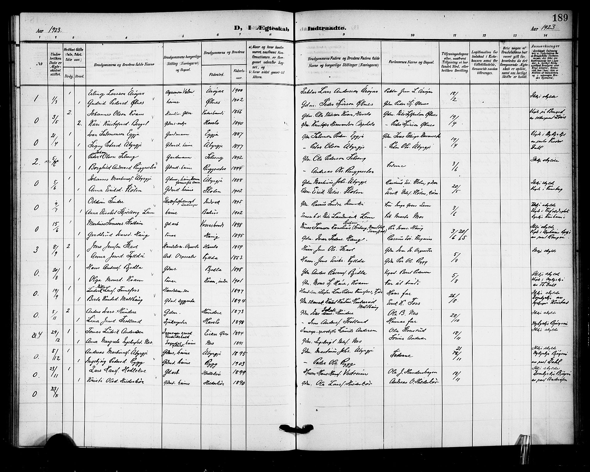 Sogndal sokneprestembete, SAB/A-81301/H/Hab/Haba/L0002: Parish register (copy) no. A 2, 1908-1924, p. 189