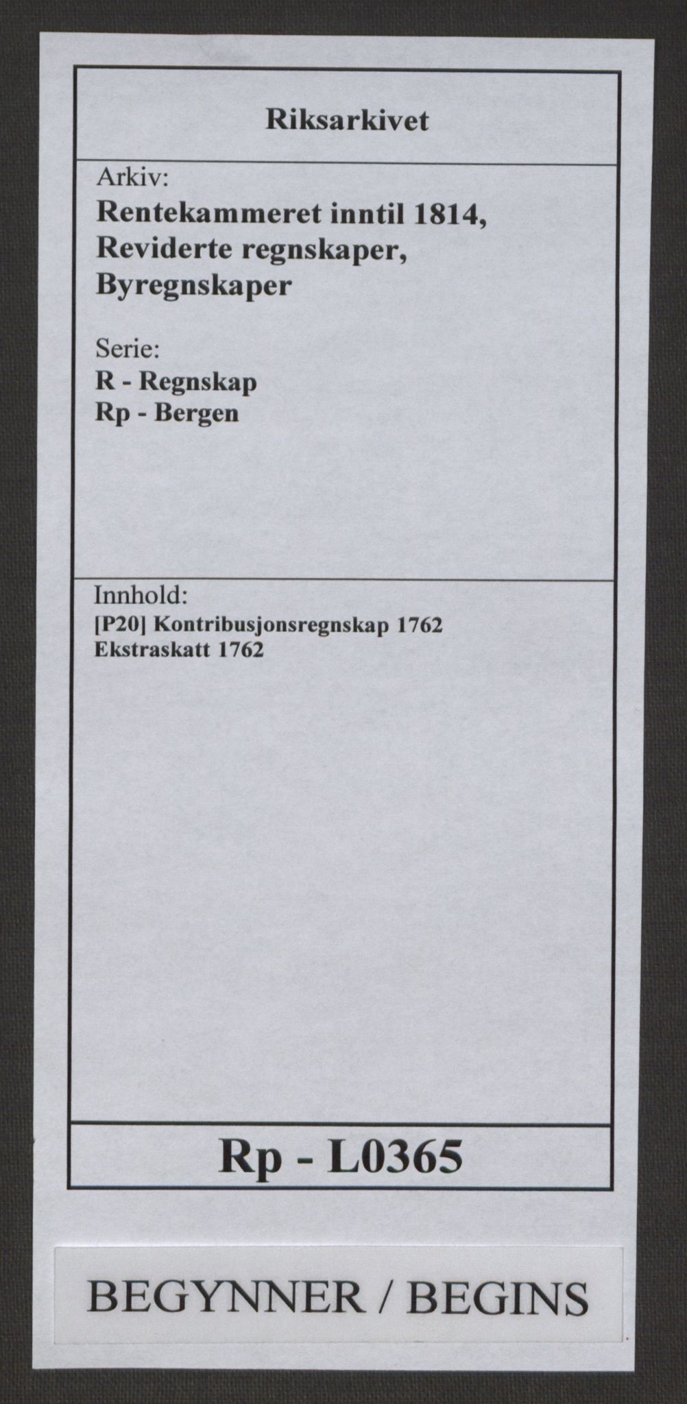 Rentekammeret inntil 1814, Reviderte regnskaper, Byregnskaper, RA/EA-4066/R/Rp/L0365/0001: [P20] Kontribusjonsregnskap / Ekstraskatt, 1762, p. 1