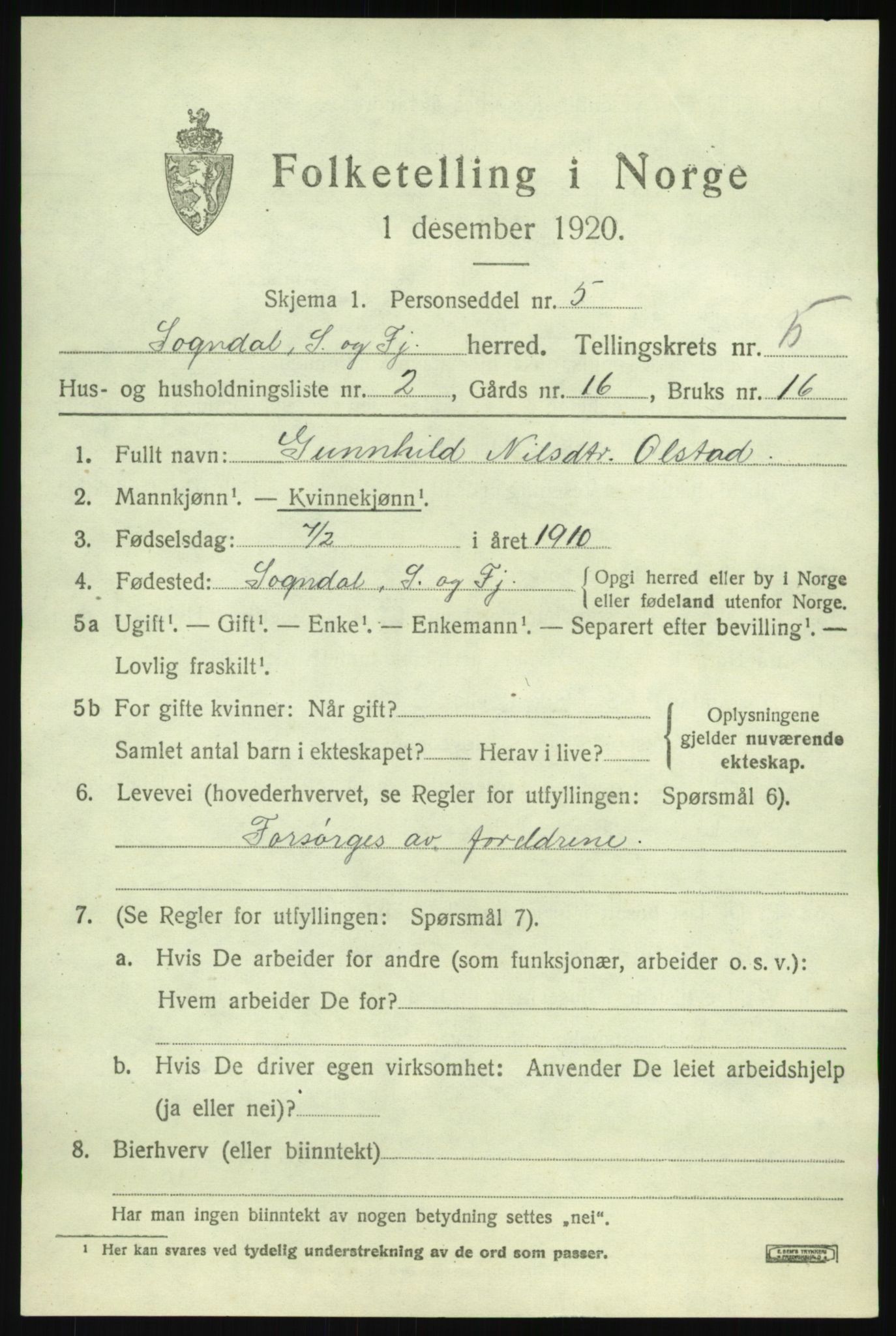 SAB, 1920 census for Sogndal, 1920, p. 2655