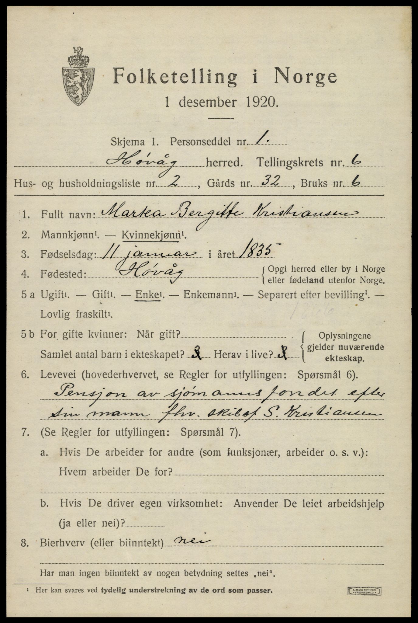 SAK, 1920 census for Høvåg, 1920, p. 3100