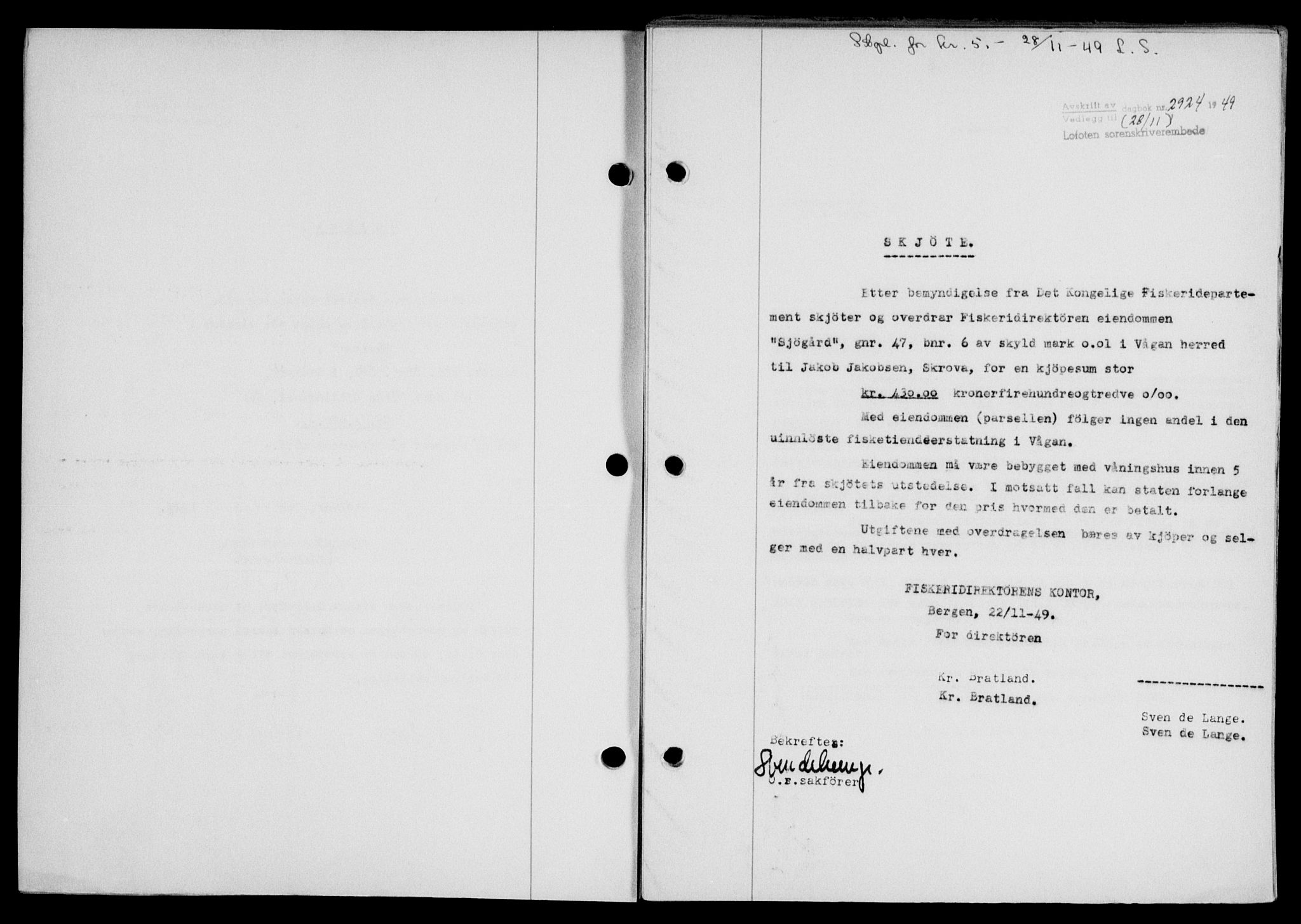 Lofoten sorenskriveri, SAT/A-0017/1/2/2C/L0022a: Mortgage book no. 22a, 1949-1950, Diary no: : 2924/1949