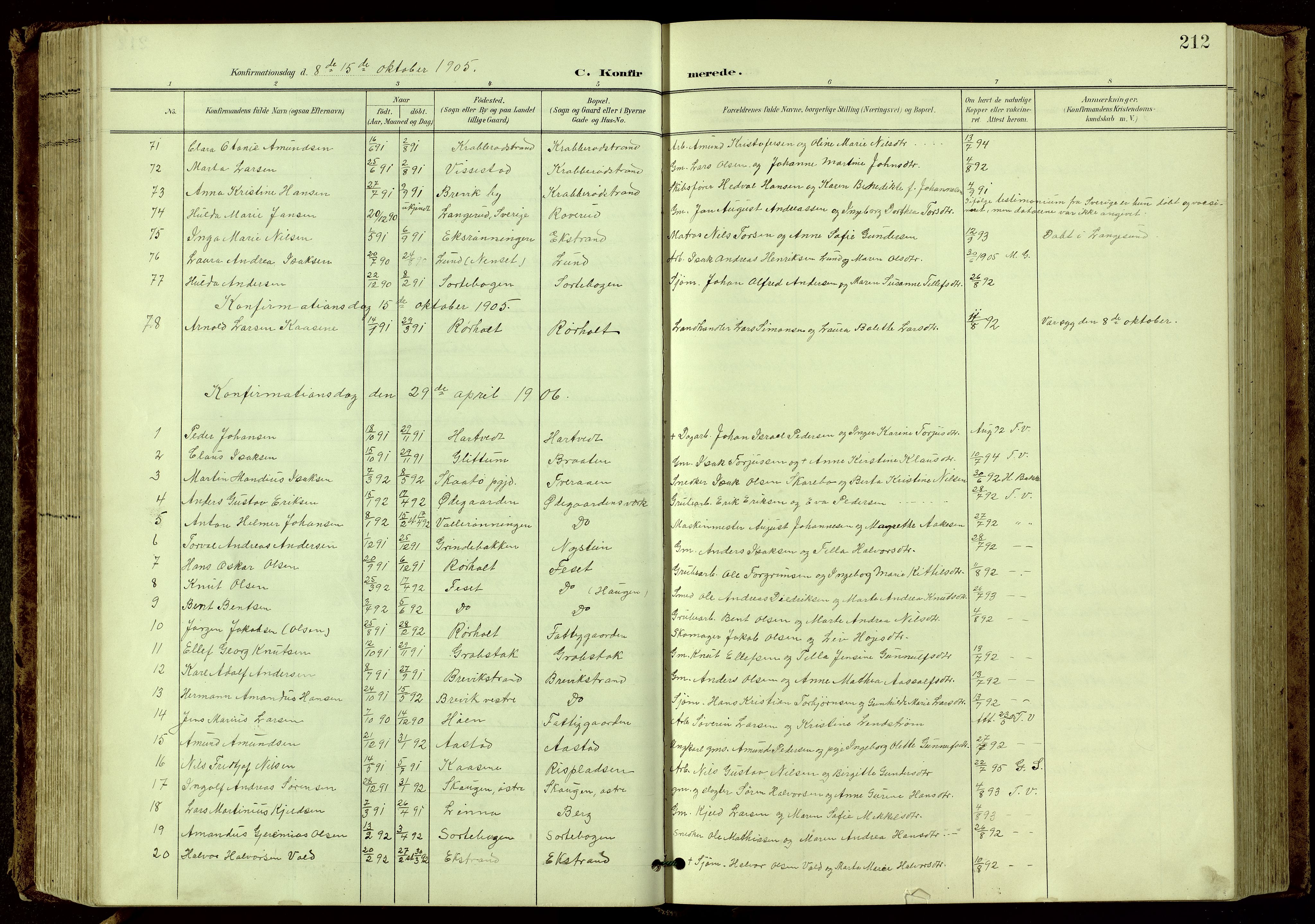 Bamble kirkebøker, SAKO/A-253/G/Ga/L0010: Parish register (copy) no. I 10, 1901-1919, p. 212