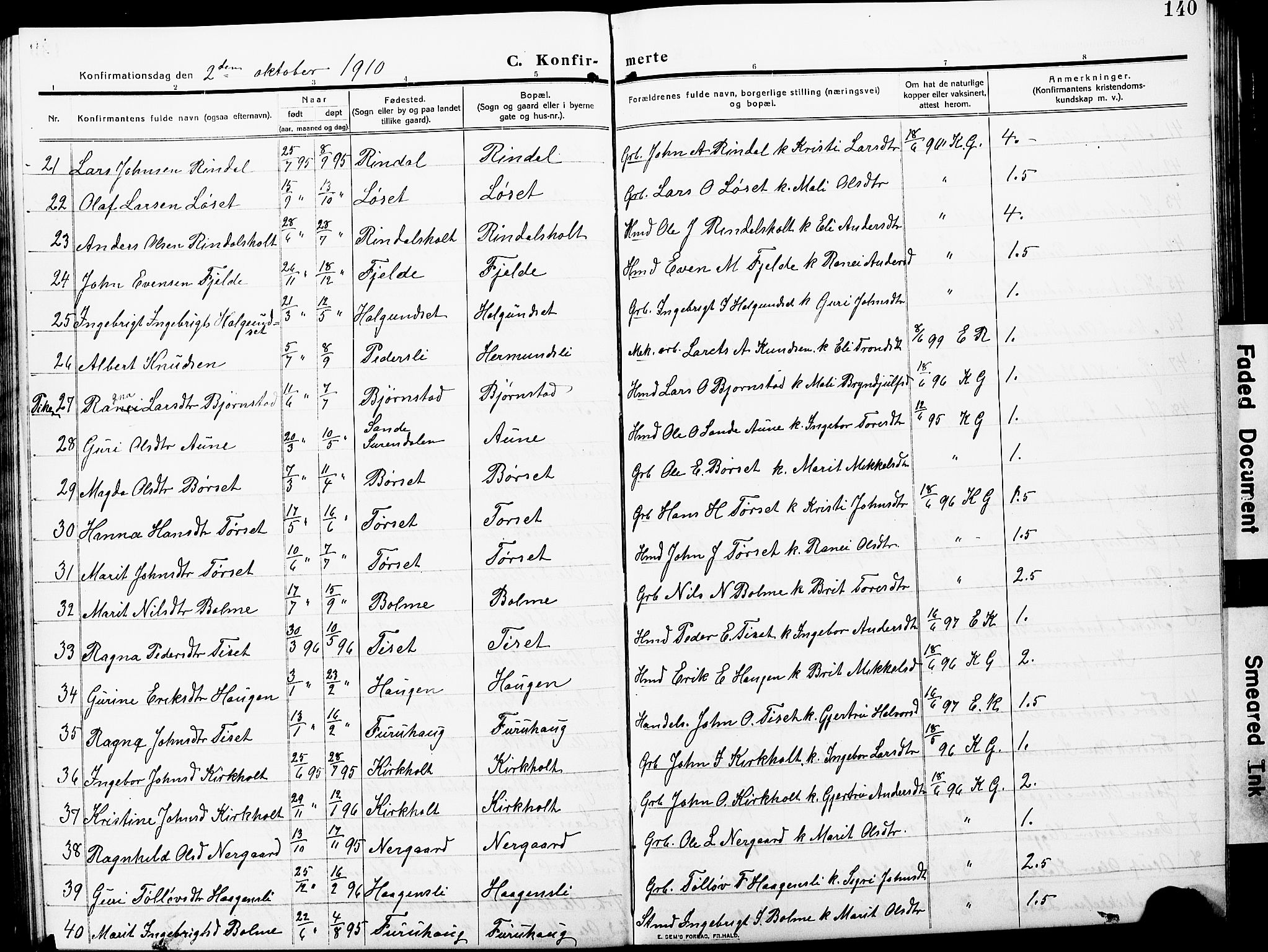 Ministerialprotokoller, klokkerbøker og fødselsregistre - Møre og Romsdal, AV/SAT-A-1454/598/L1079: Parish register (copy) no. 598C04, 1909-1927, p. 140