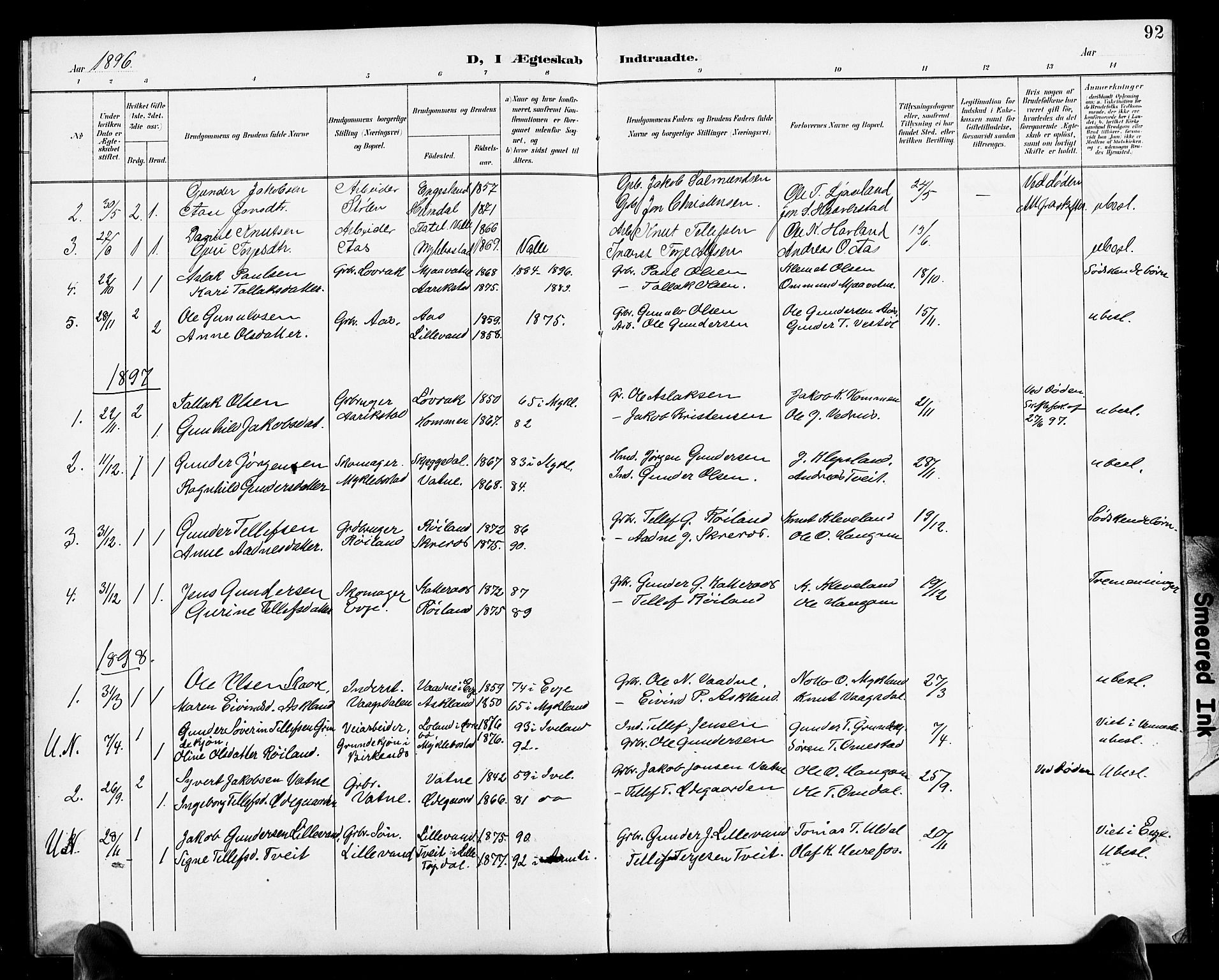 Herefoss sokneprestkontor, SAK/1111-0019/F/Fb/Fbb/L0003: Parish register (copy) no. B 3, 1892-1917, p. 92