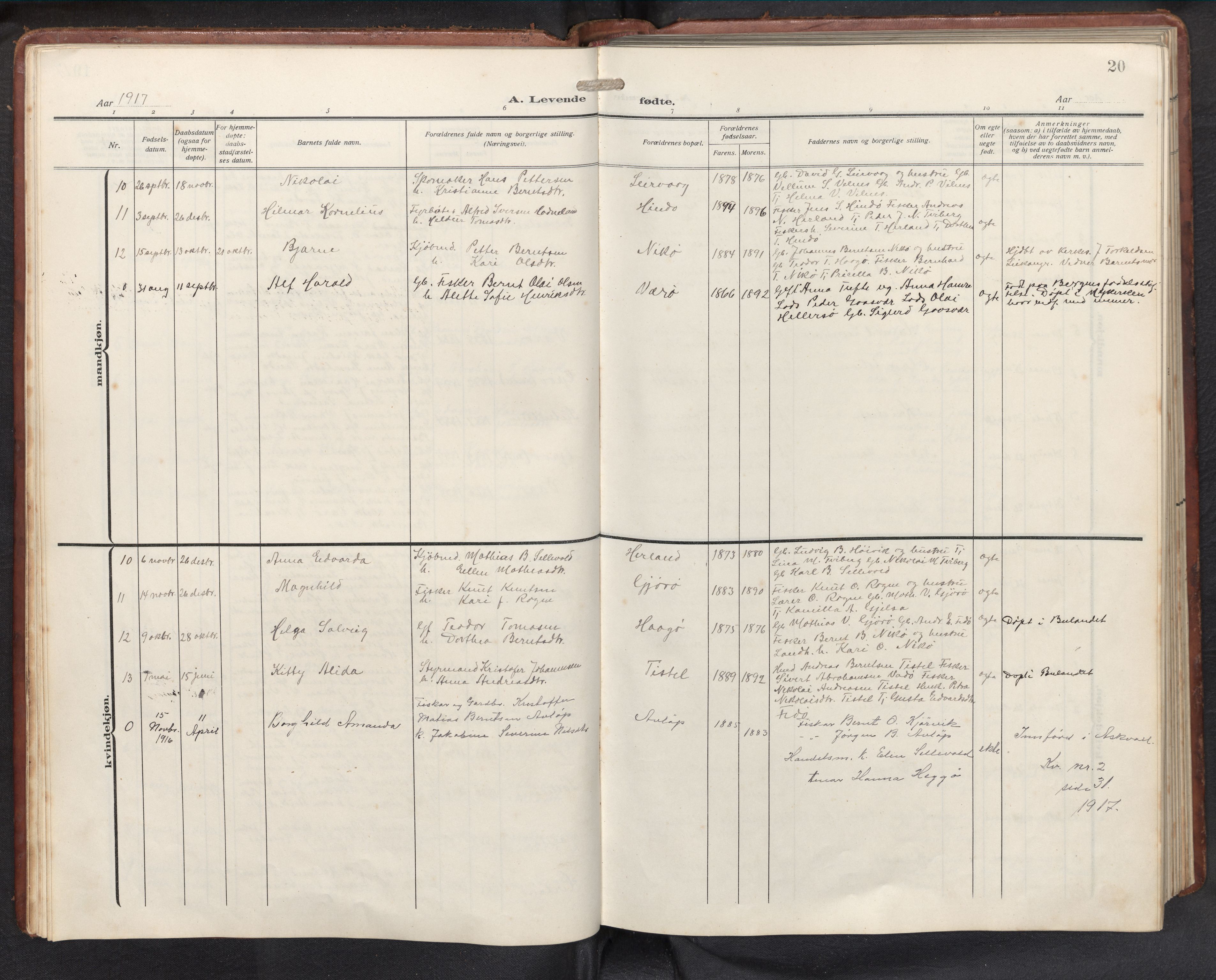 Askvoll sokneprestembete, SAB/A-79501/H/Hab/Habb/L0002: Parish register (copy) no. B 2, 1910-1947, p. 19b-20a