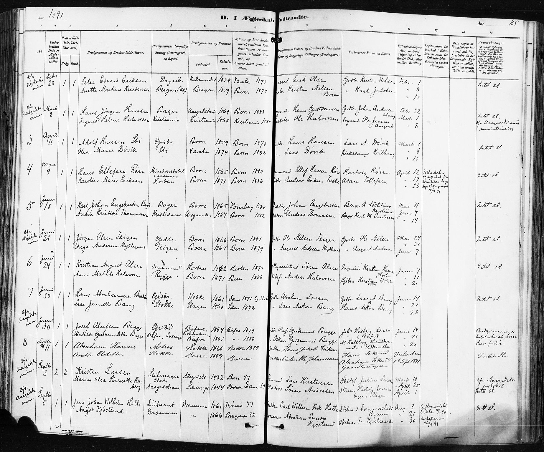 Borre kirkebøker, AV/SAKO-A-338/F/Fa/L0009: Parish register (official) no. I 9, 1878-1896, p. 165