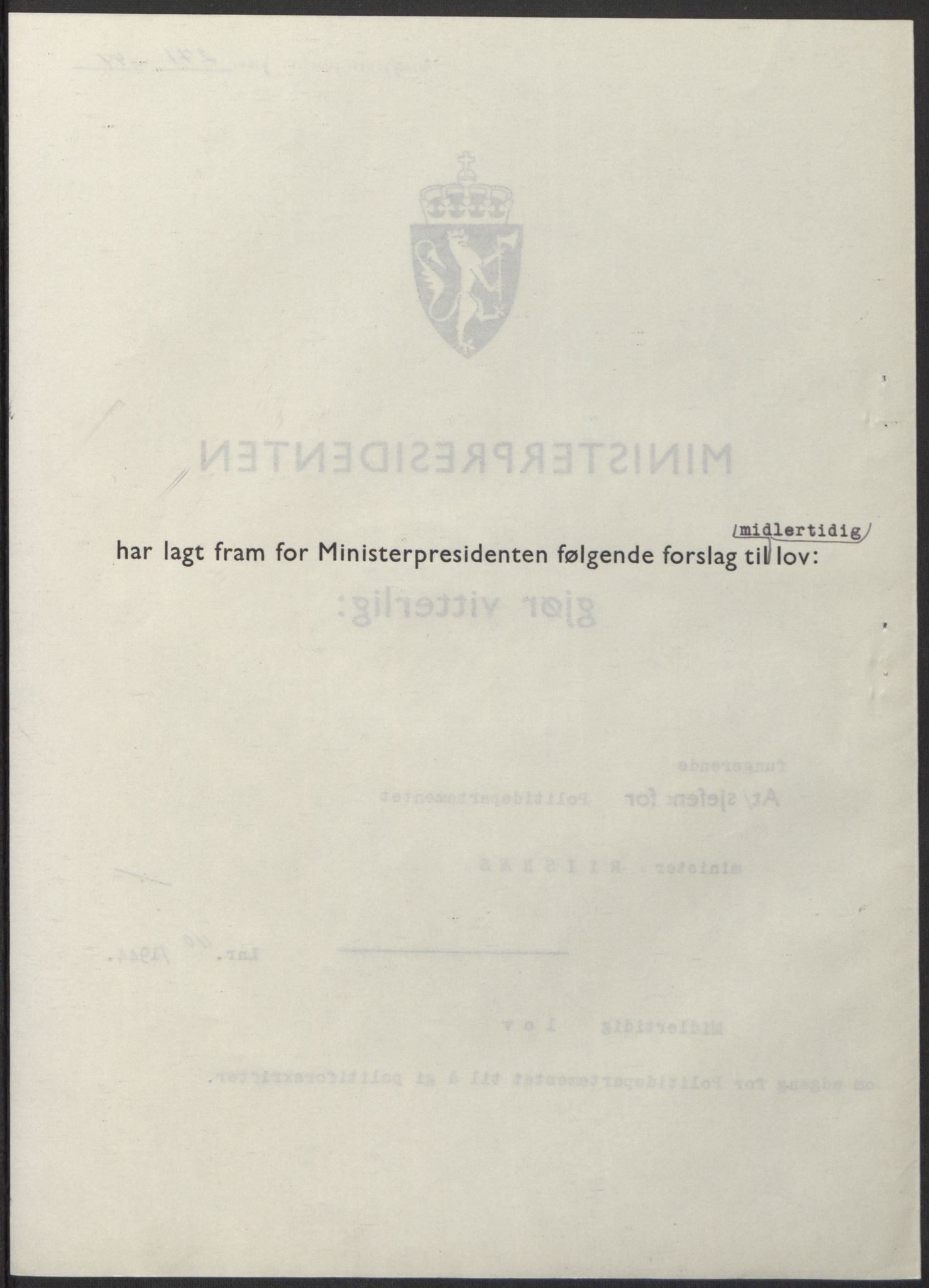 NS-administrasjonen 1940-1945 (Statsrådsekretariatet, de kommisariske statsråder mm), AV/RA-S-4279/D/Db/L0100: Lover, 1944, p. 522