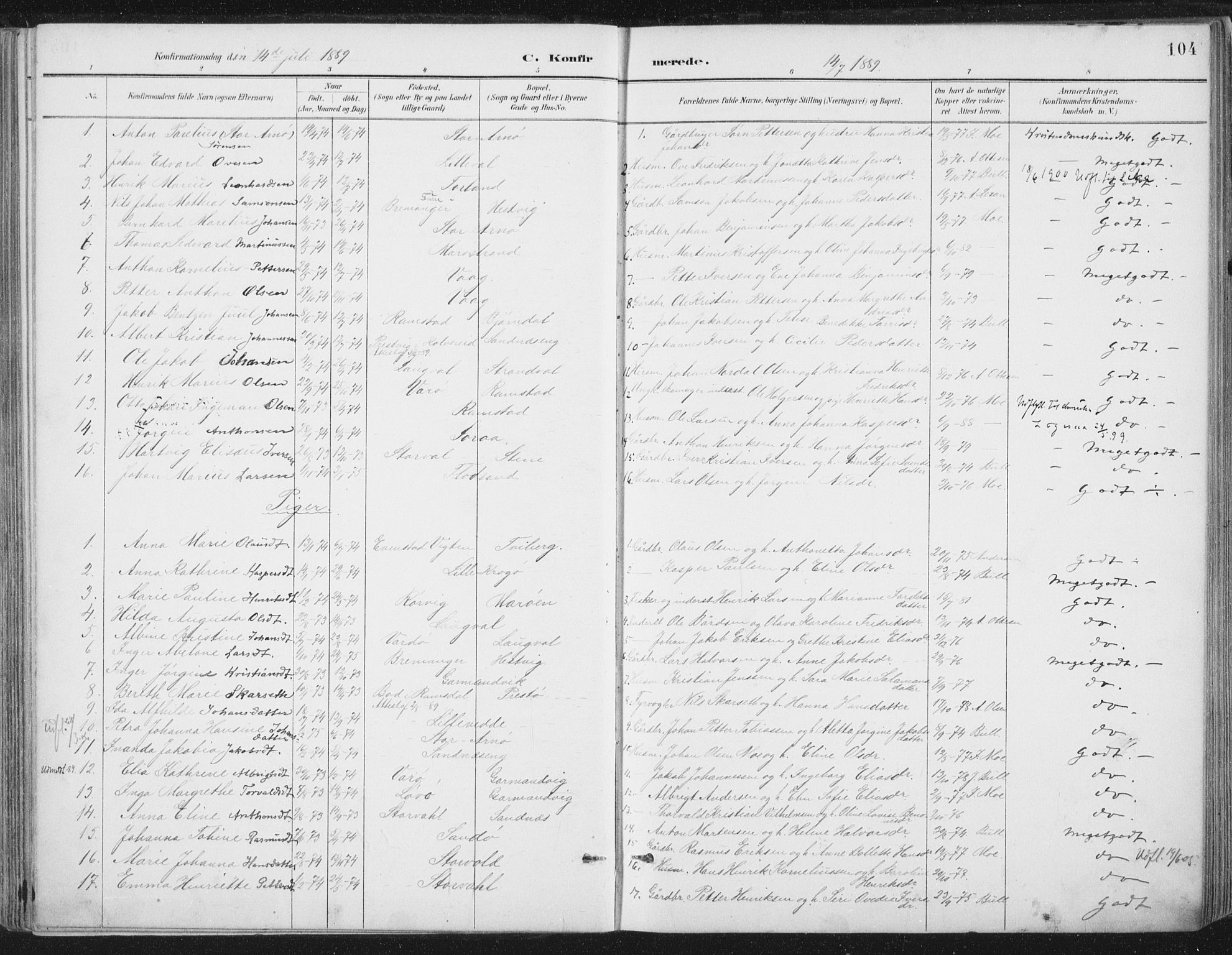Ministerialprotokoller, klokkerbøker og fødselsregistre - Nord-Trøndelag, SAT/A-1458/784/L0673: Parish register (official) no. 784A08, 1888-1899, p. 104