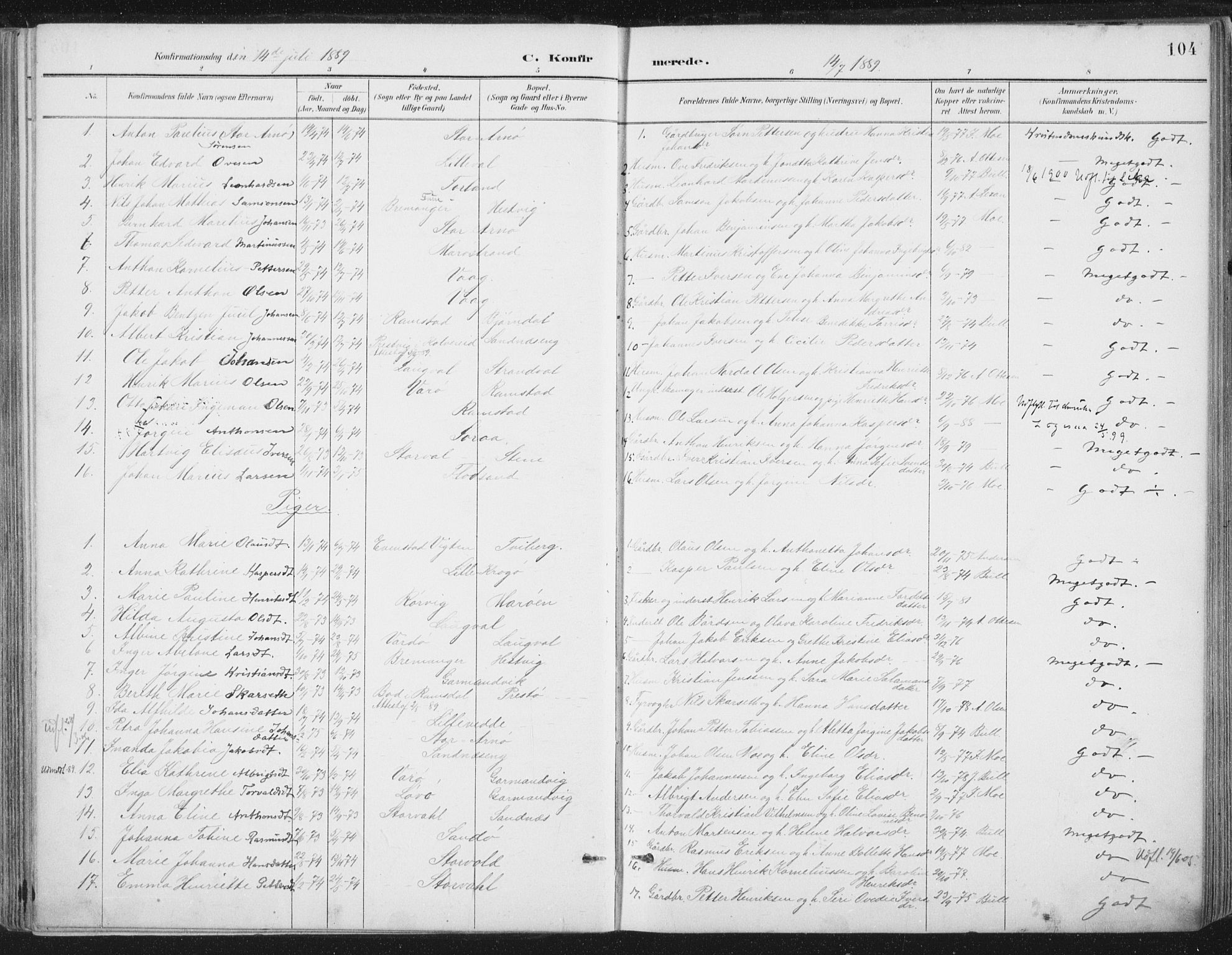 Ministerialprotokoller, klokkerbøker og fødselsregistre - Nord-Trøndelag, AV/SAT-A-1458/784/L0673: Parish register (official) no. 784A08, 1888-1899, p. 104