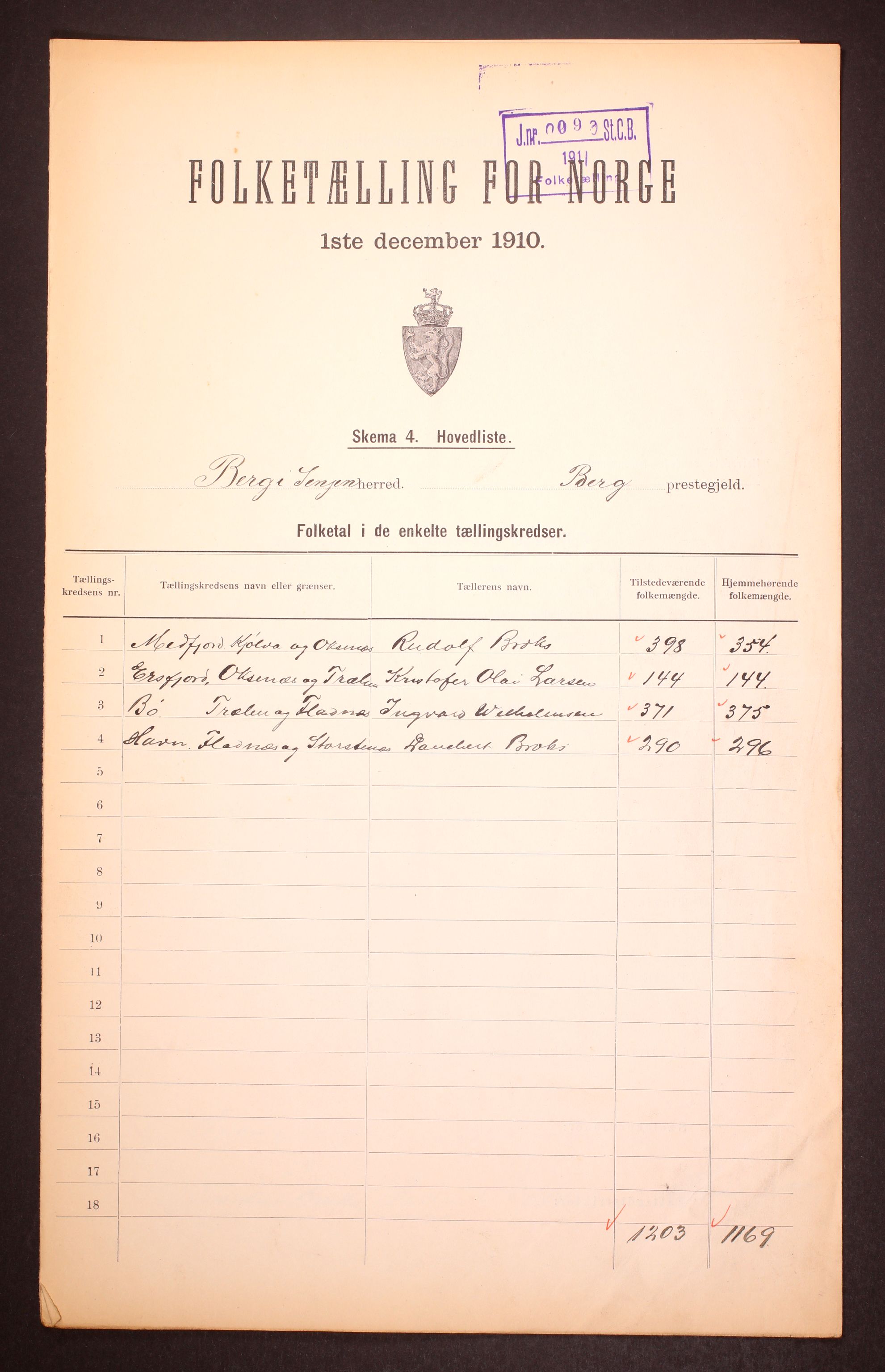 RA, 1910 census for Berg, 1910, p. 2