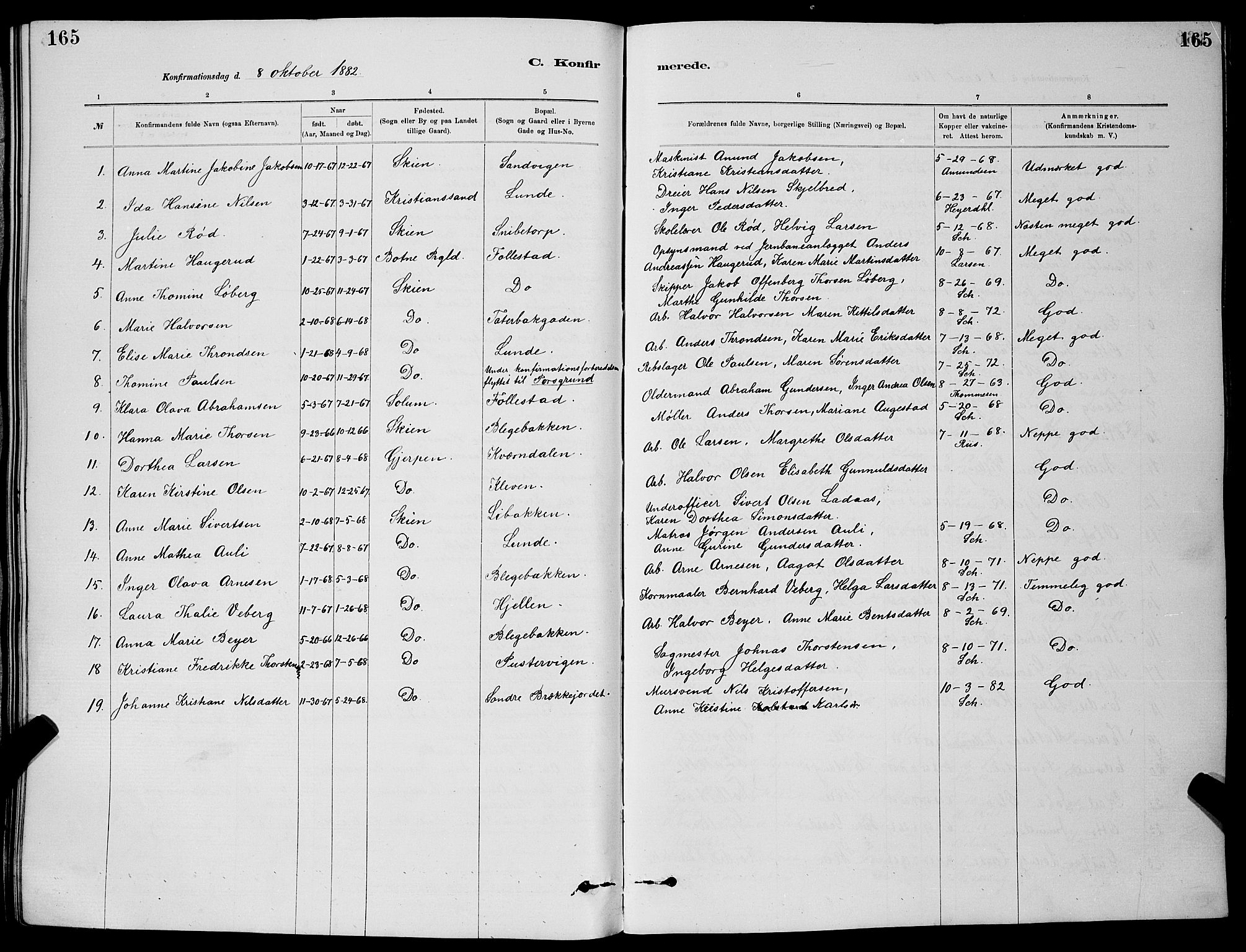 Skien kirkebøker, SAKO/A-302/G/Ga/L0006: Parish register (copy) no. 6, 1881-1890, p. 165