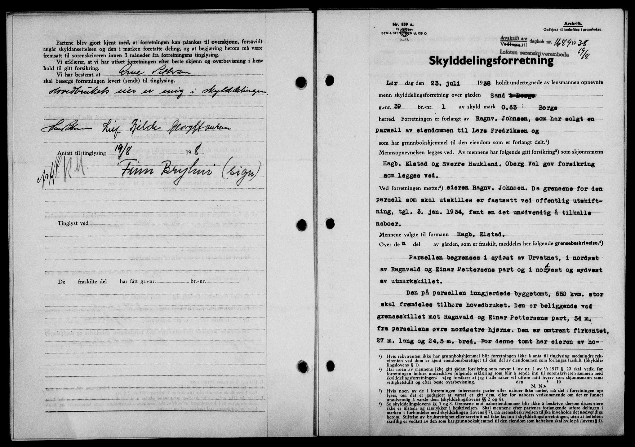 Lofoten sorenskriveri, SAT/A-0017/1/2/2C/L0004a: Mortgage book no. 4a, 1938-1938, Diary no: : 1689/1938