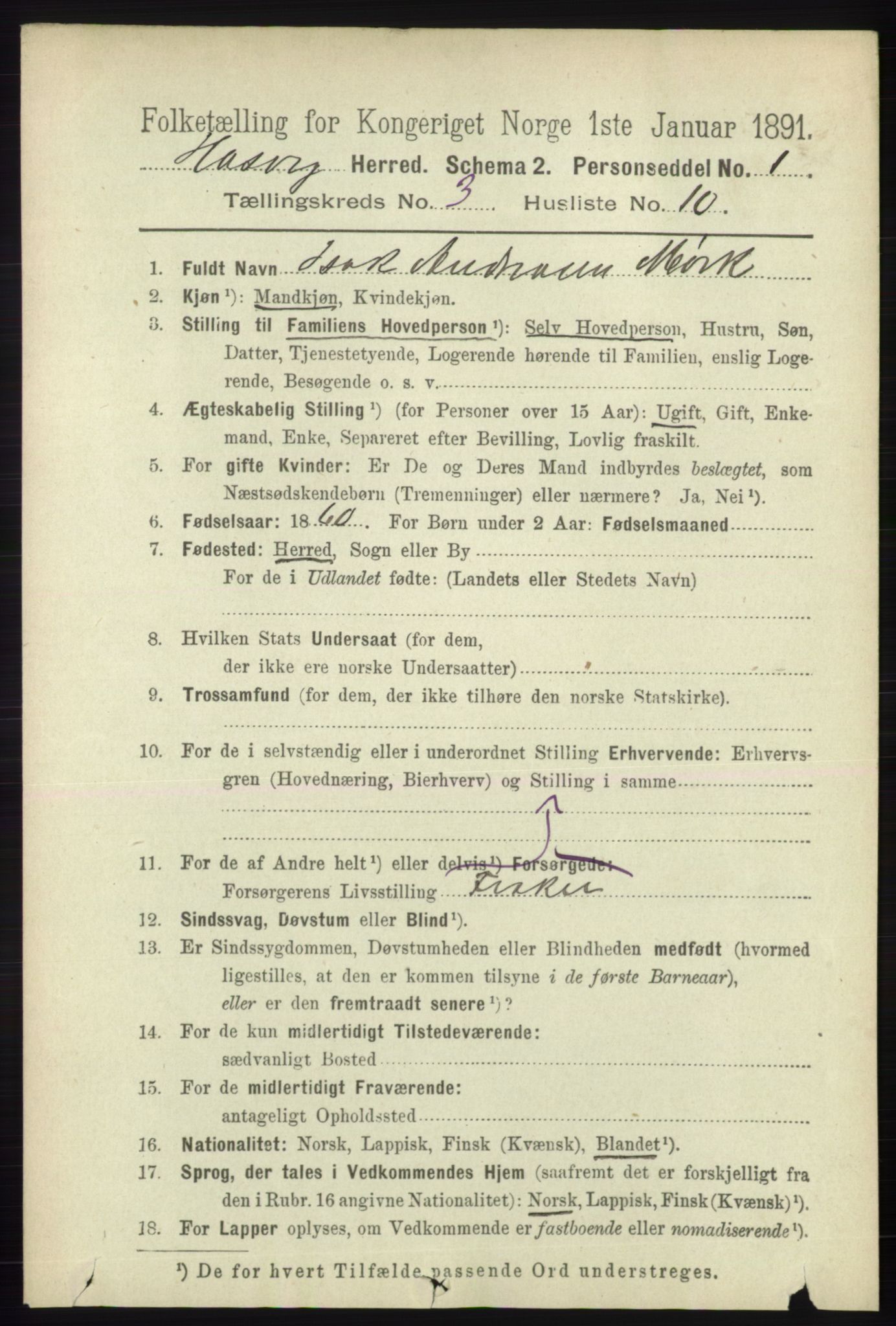 RA, 1891 census for 2015 Hasvik, 1891, p. 459