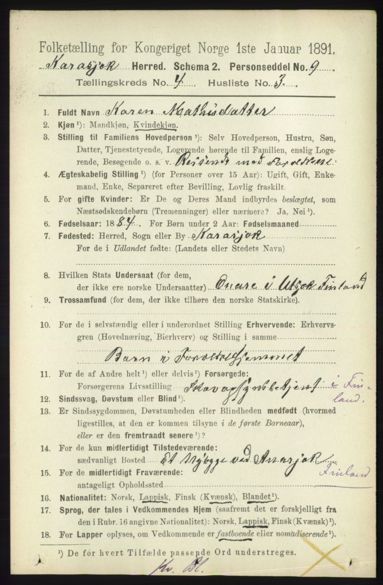 RA, 1891 census for 2021 Karasjok, 1891, p. 714