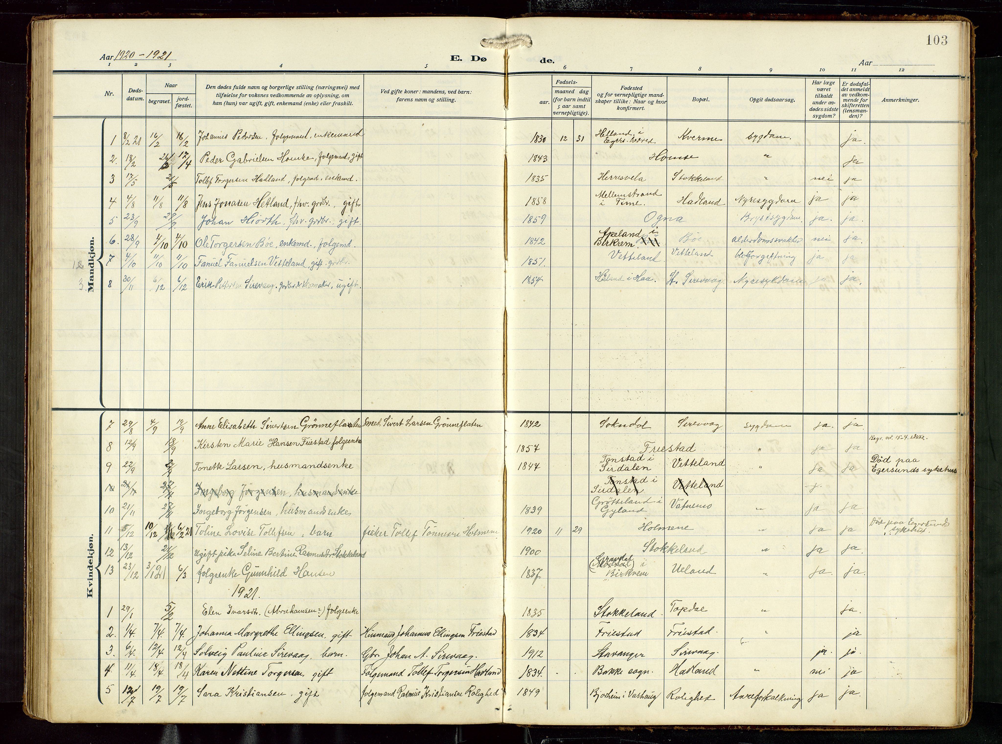 Eigersund sokneprestkontor, AV/SAST-A-101807/S09: Parish register (copy) no. B 22, 1915-1947, p. 103