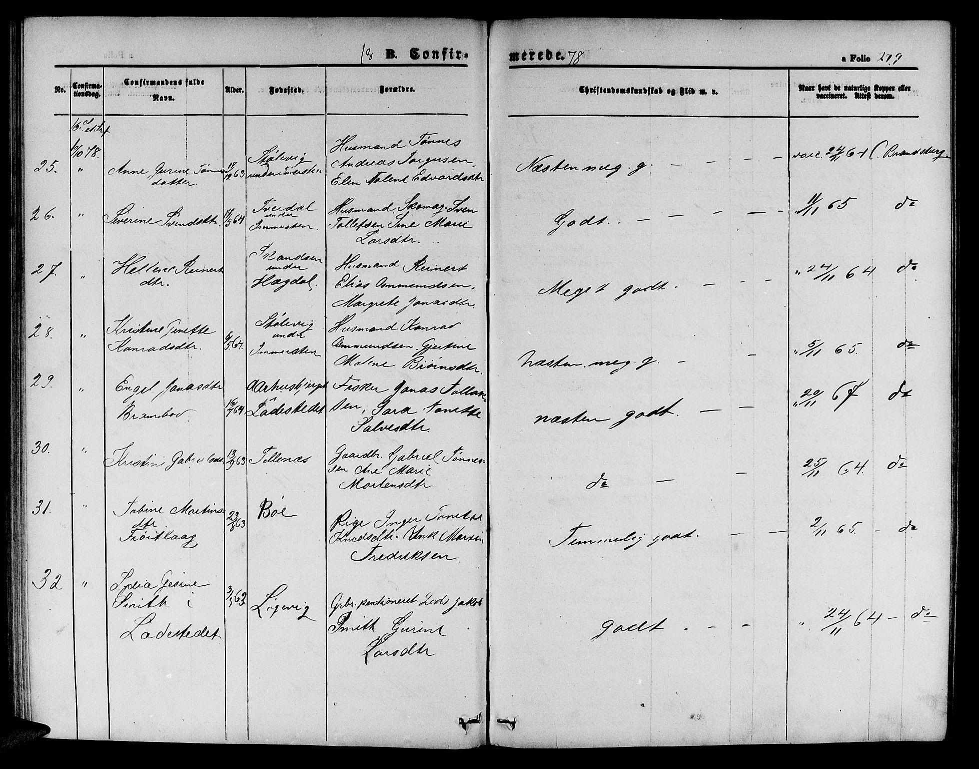Sokndal sokneprestkontor, SAST/A-101808: Parish register (copy) no. B 3, 1865-1879, p. 279