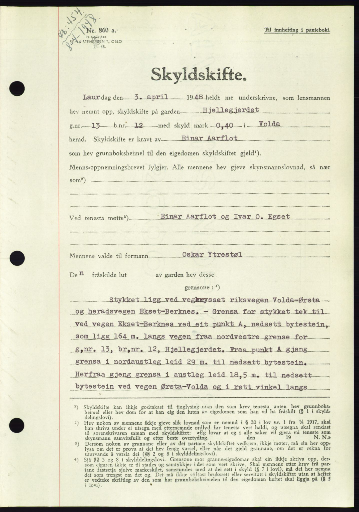 Søre Sunnmøre sorenskriveri, AV/SAT-A-4122/1/2/2C/L0082: Mortgage book no. 8A, 1948-1948, Diary no: : 454/1948