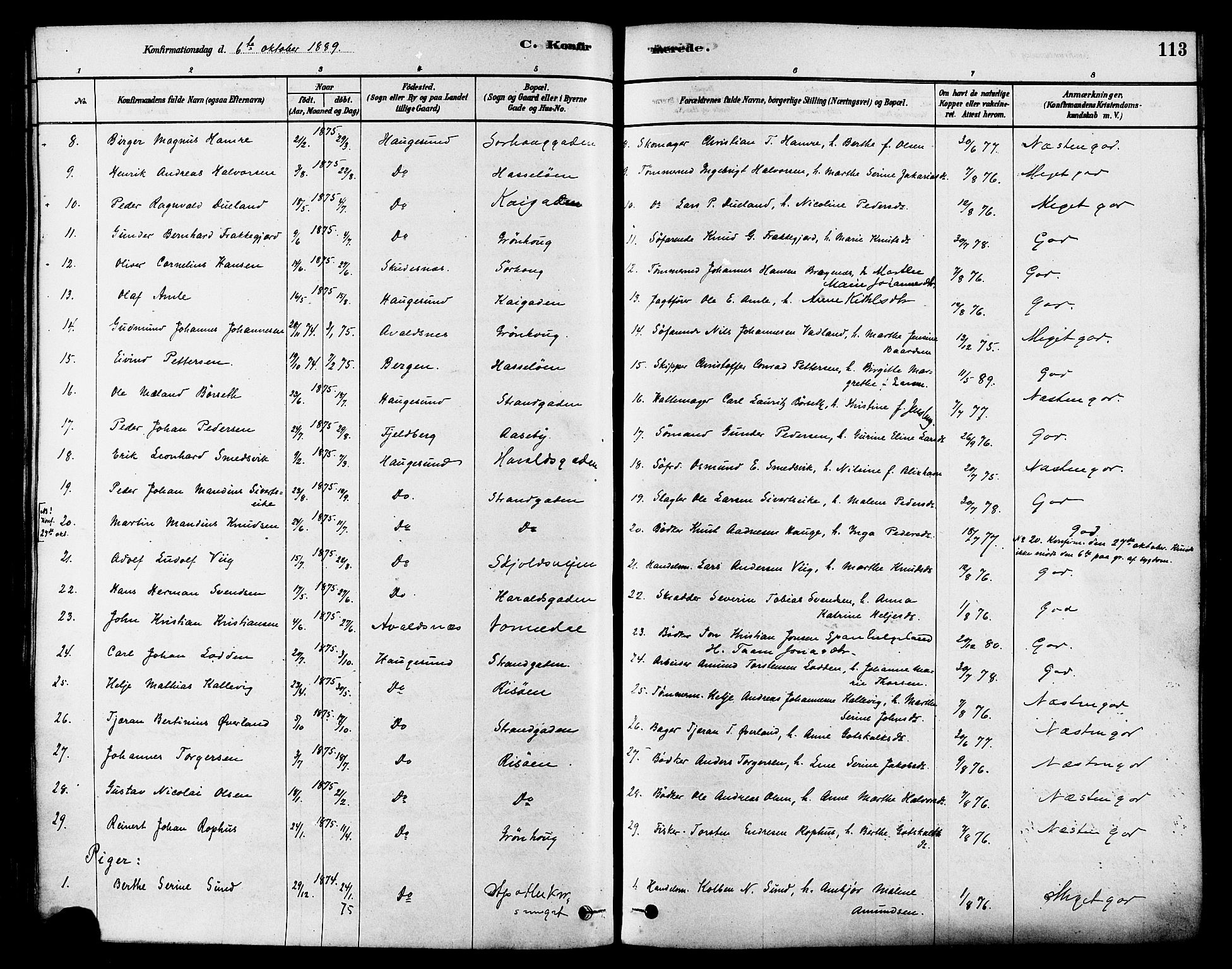 Haugesund sokneprestkontor, AV/SAST-A -101863/H/Ha/Haa/L0003: Parish register (official) no. A 3, 1885-1890, p. 113