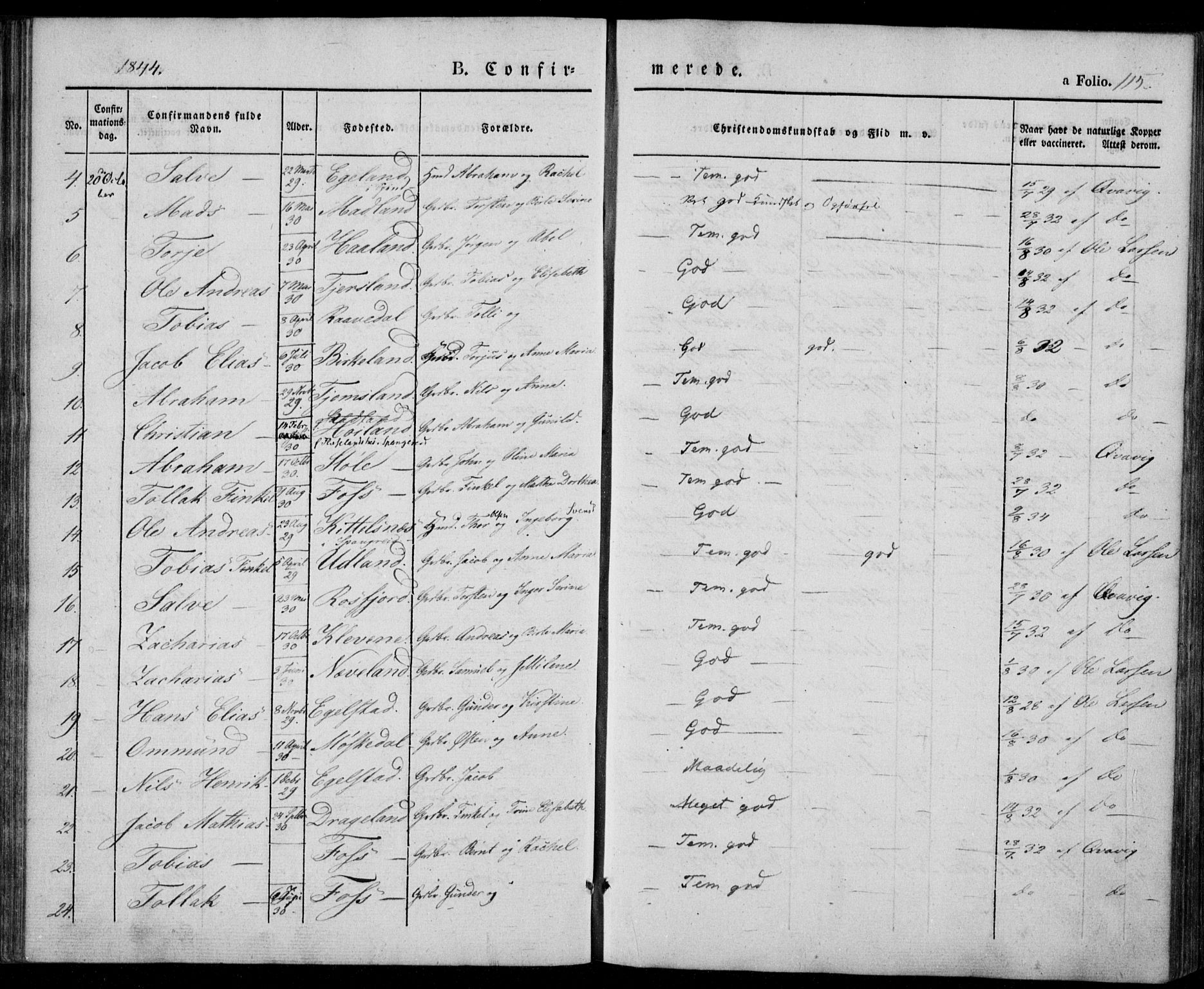 Lyngdal sokneprestkontor, AV/SAK-1111-0029/F/Fa/Fac/L0008: Parish register (official) no. A 8, 1837-1852, p. 115