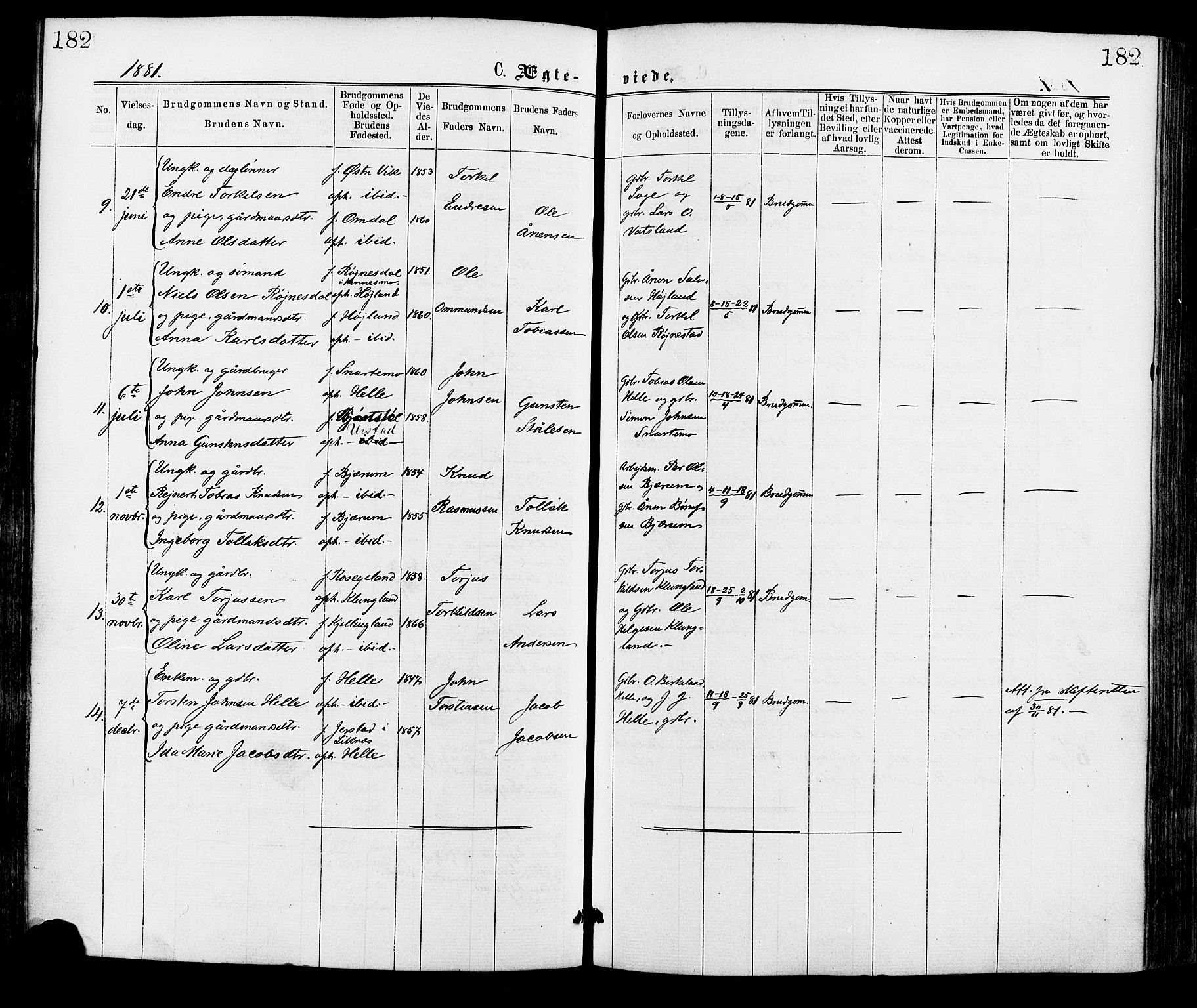 Hægebostad sokneprestkontor, AV/SAK-1111-0024/F/Fa/Faa/L0005: Parish register (official) no. A 5, 1864-1886, p. 182