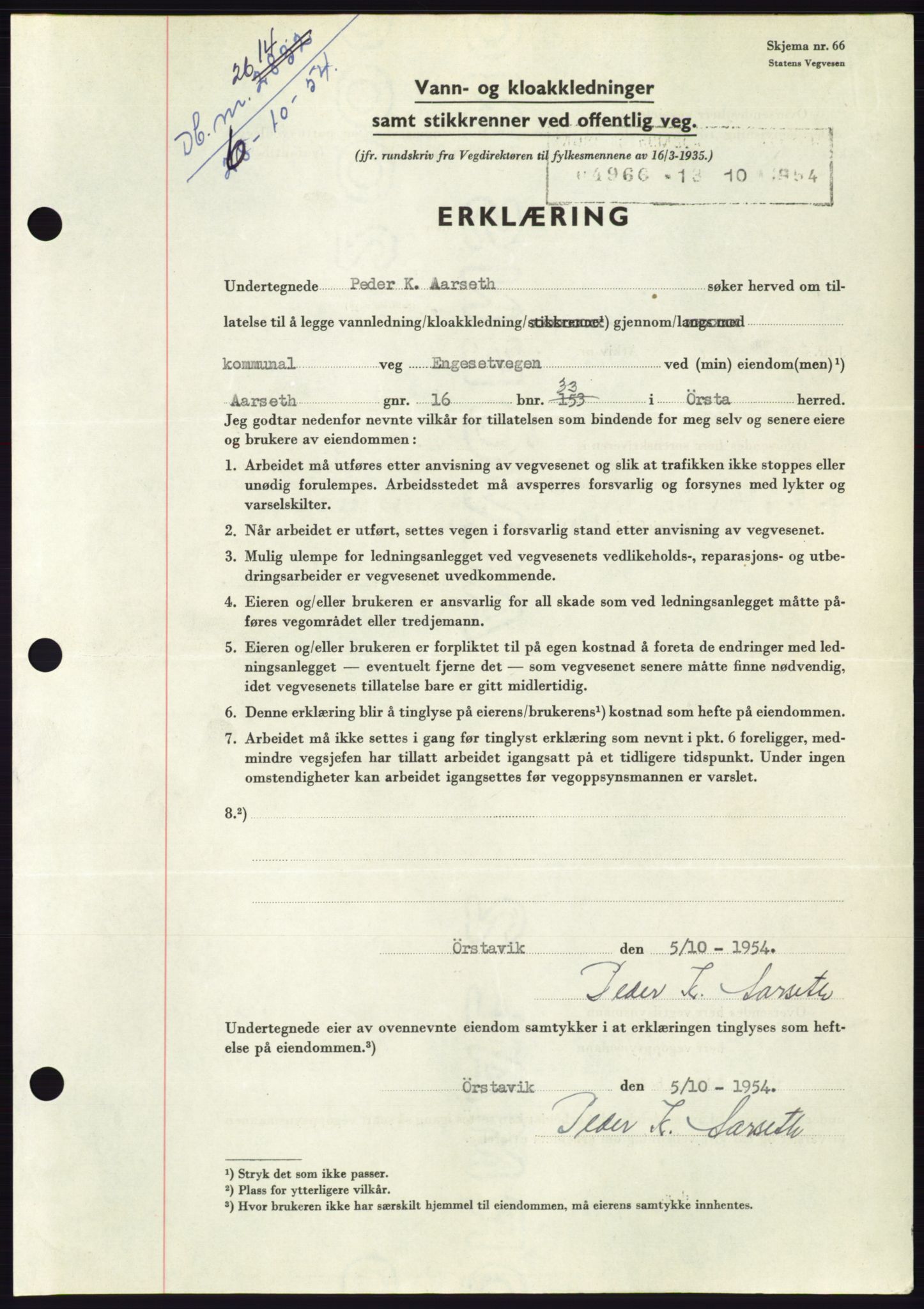 Søre Sunnmøre sorenskriveri, AV/SAT-A-4122/1/2/2C/L0099: Mortgage book no. 25A, 1954-1954, Diary no: : 2614/1954