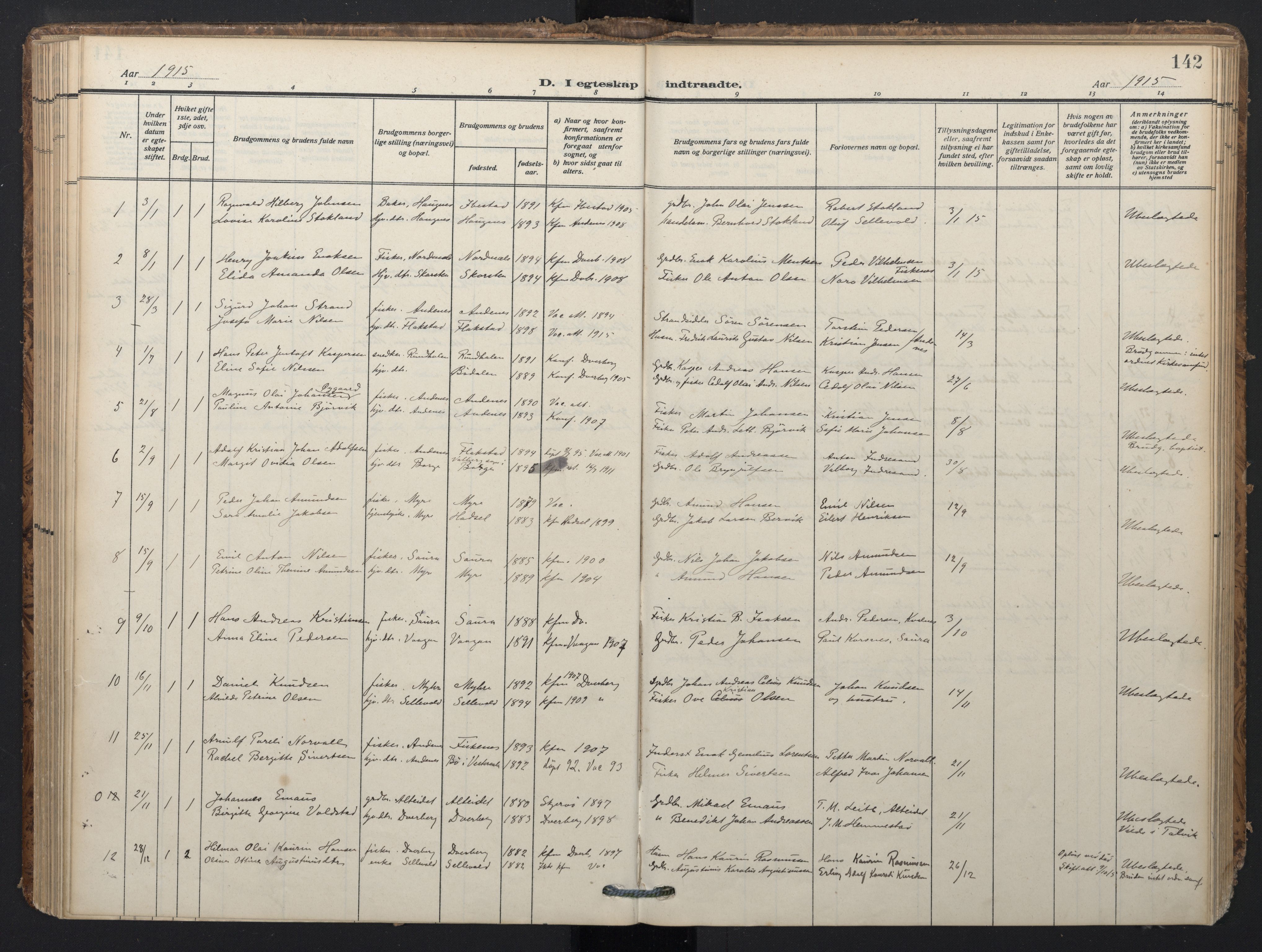 Ministerialprotokoller, klokkerbøker og fødselsregistre - Nordland, SAT/A-1459/897/L1401: Parish register (official) no. 897A08, 1909-1921, p. 142