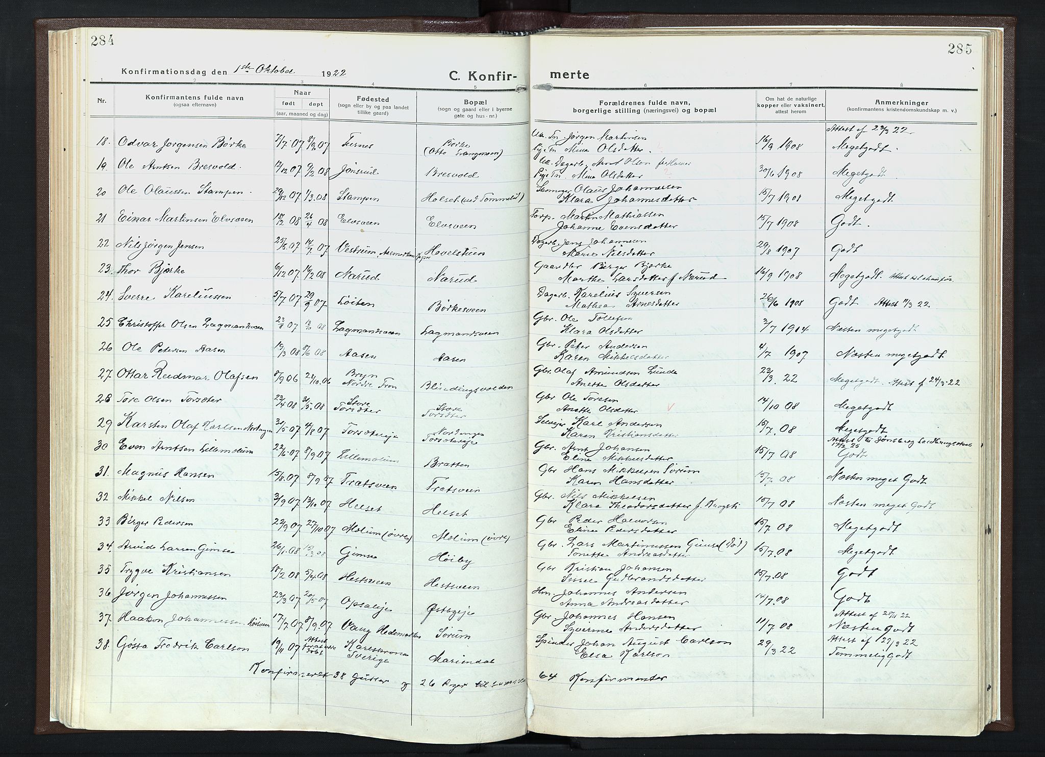 Veldre prestekontor, AV/SAH-PREST-018/K/Ka/L0001: Parish register (official) no. 1, 1921-1934, p. 284-285