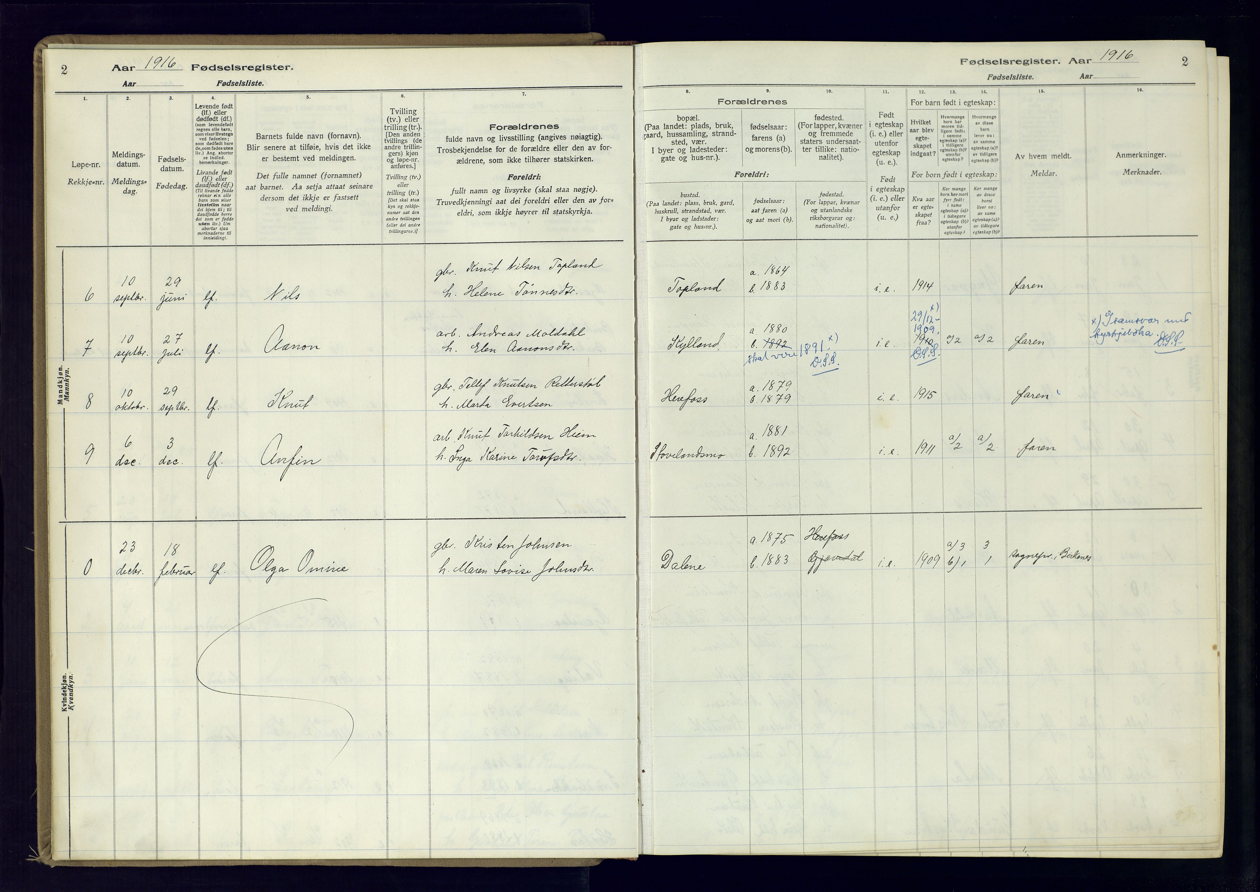 Herefoss sokneprestkontor, AV/SAK-1111-0019/J/Ja/L0001: Birth register no. II.6.10, 1916-1982, p. 2