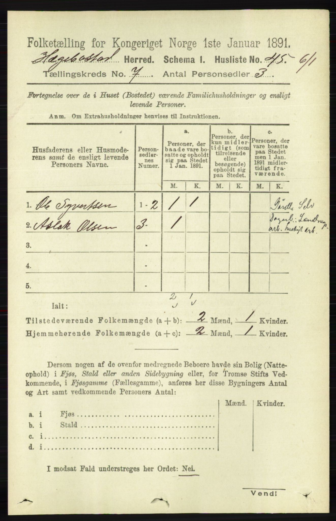 RA, 1891 census for 1034 Hægebostad, 1891, p. 2092