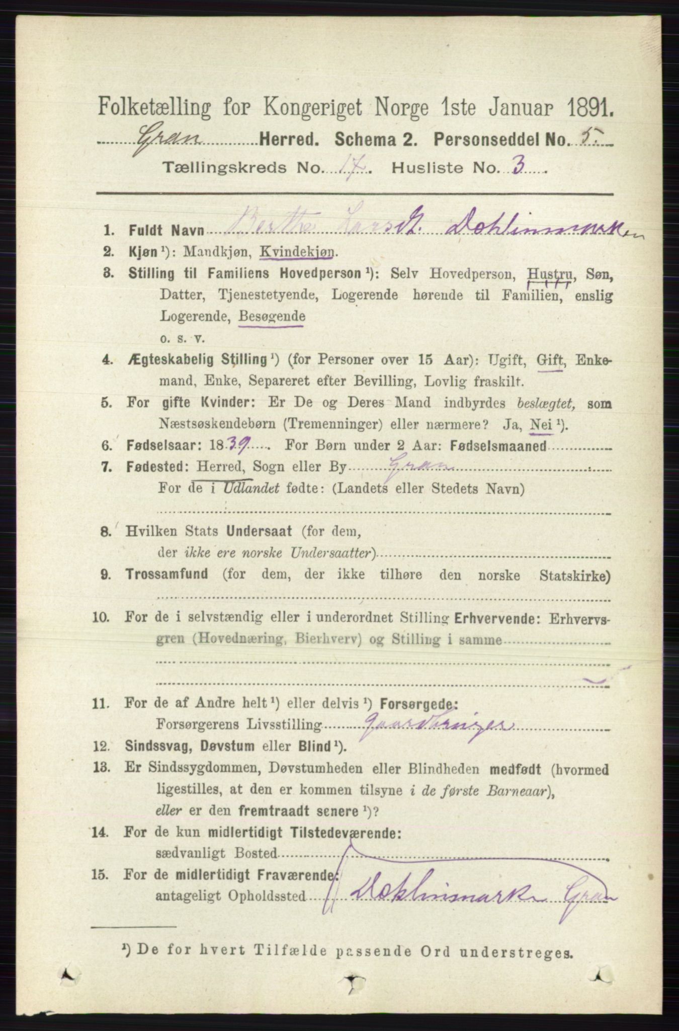 RA, 1891 census for 0534 Gran, 1891, p. 8747