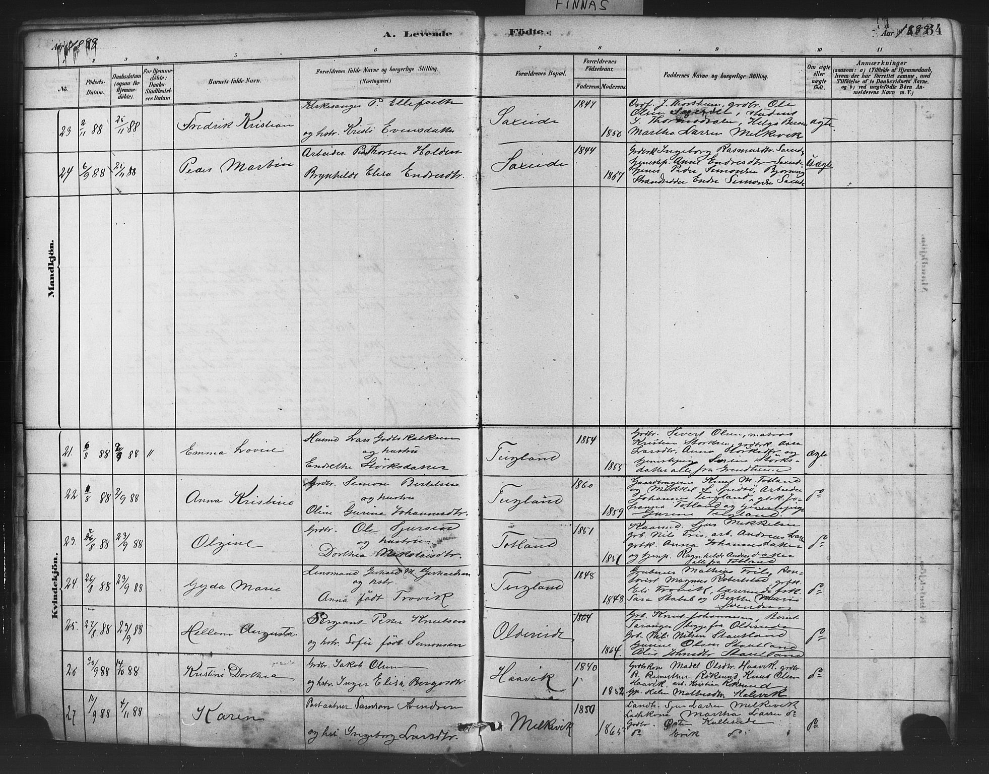 Finnås sokneprestembete, SAB/A-99925/H/Ha/Haa/Haab/L0001: Parish register (official) no. B 1, 1881-1894, p. 34