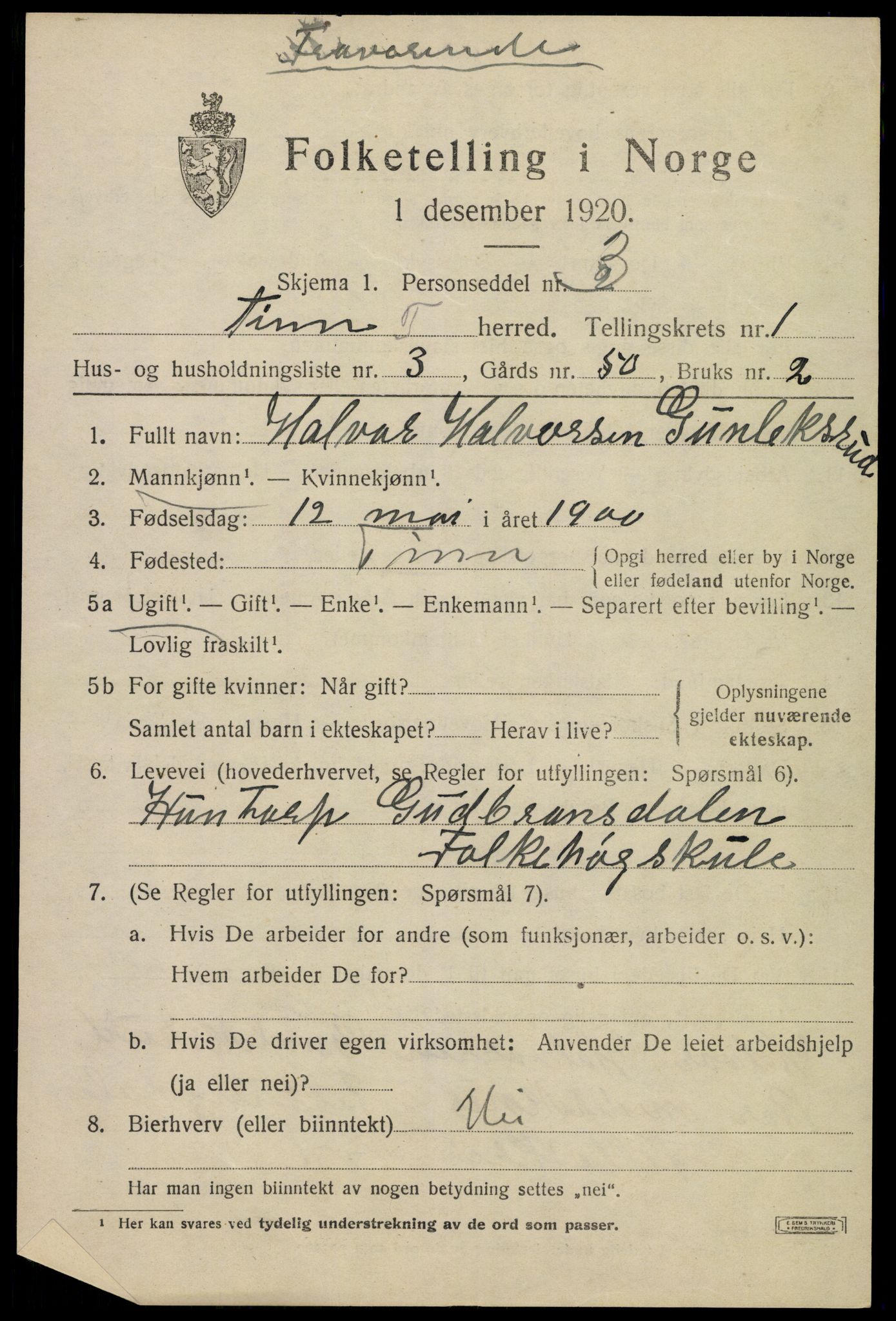 SAKO, 1920 census for Tinn, 1920, p. 2714