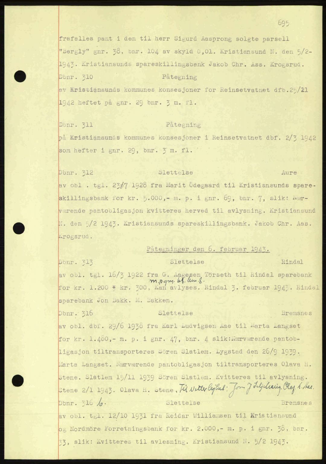 Nordmøre sorenskriveri, AV/SAT-A-4132/1/2/2Ca: Mortgage book no. C81, 1940-1945, Diary no: : 310/1943