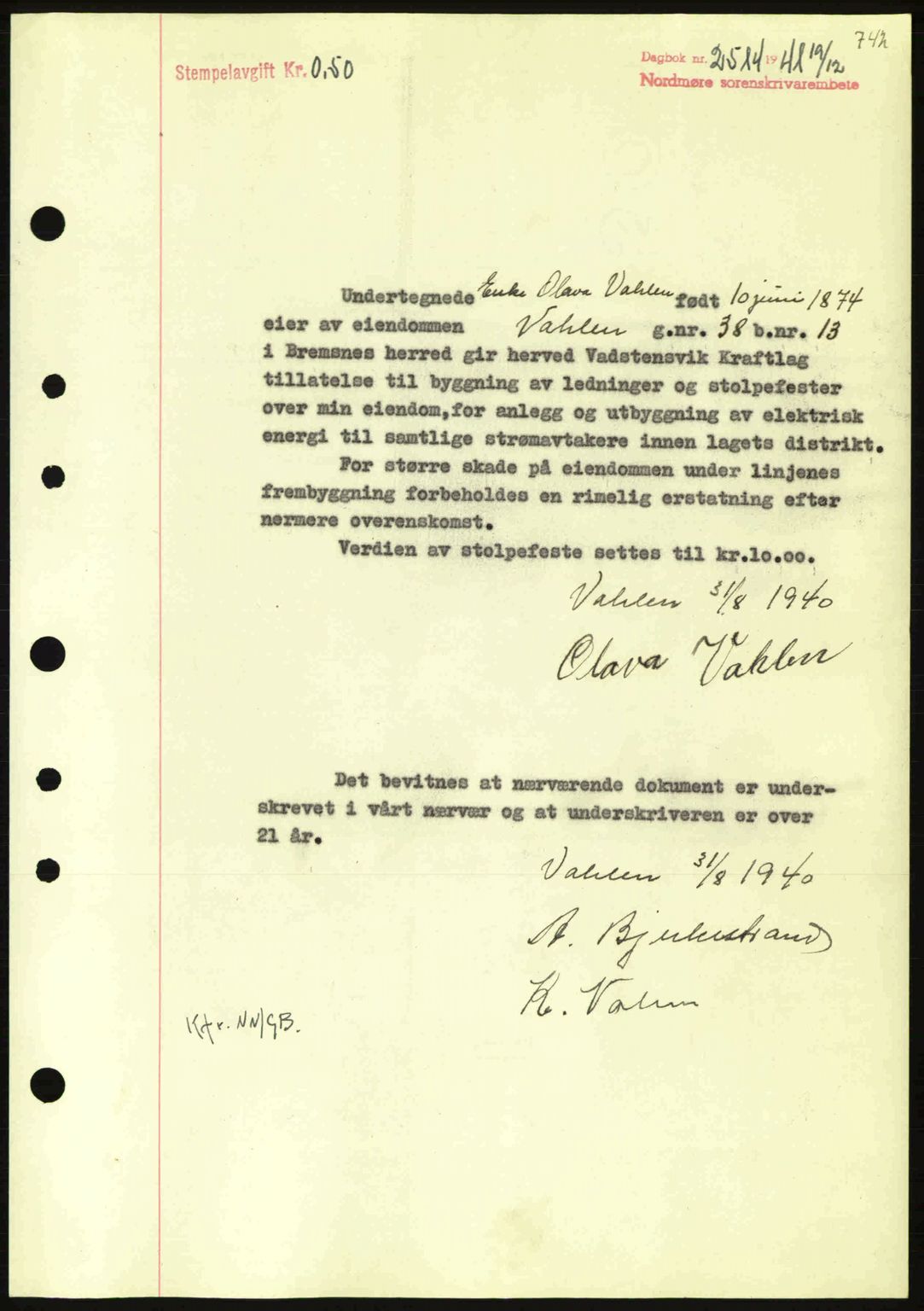 Nordmøre sorenskriveri, AV/SAT-A-4132/1/2/2Ca: Mortgage book no. B88, 1941-1942, Diary no: : 2514/1941