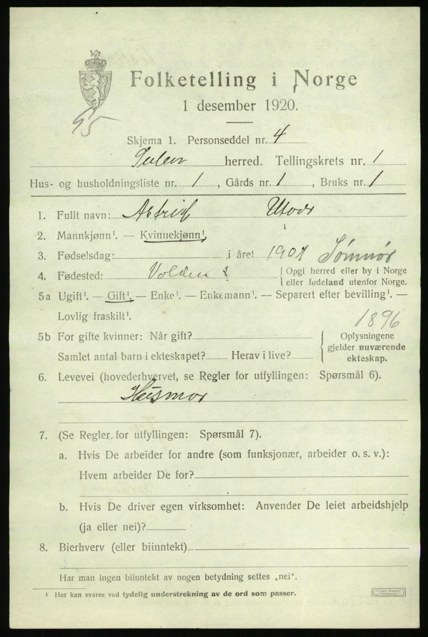 SAB, 1920 census for Solund, 1920, p. 692