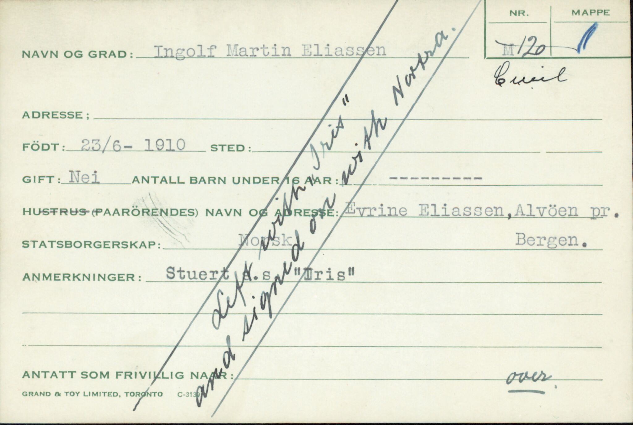 Forsvaret, Forsvarets overkommando/Luftforsvarsstaben, RA/RAFA-4079/P/Pa/L0024: Personellpapirer, 1910, p. 155