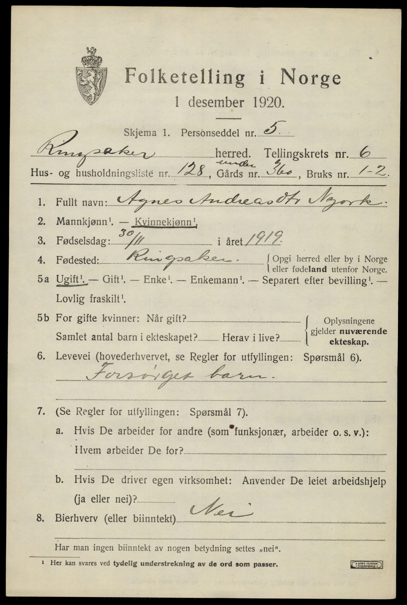 SAH, 1920 census for Ringsaker, 1920, p. 13312