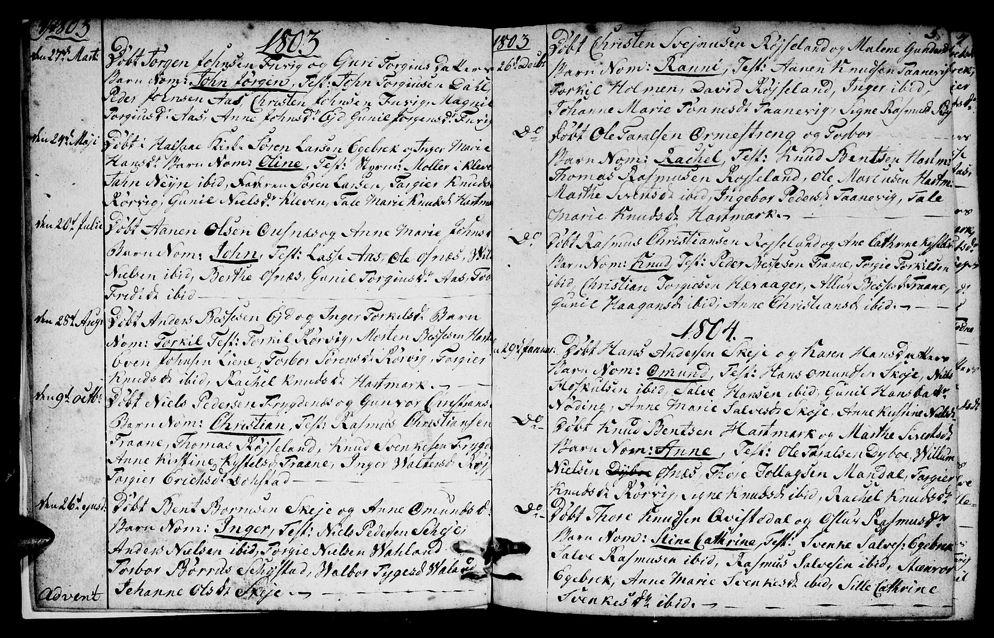 Mandal sokneprestkontor, SAK/1111-0030/F/Fb/Fbb/L0001: Parish register (copy) no. B 1, 1802-1846, p. 4-5