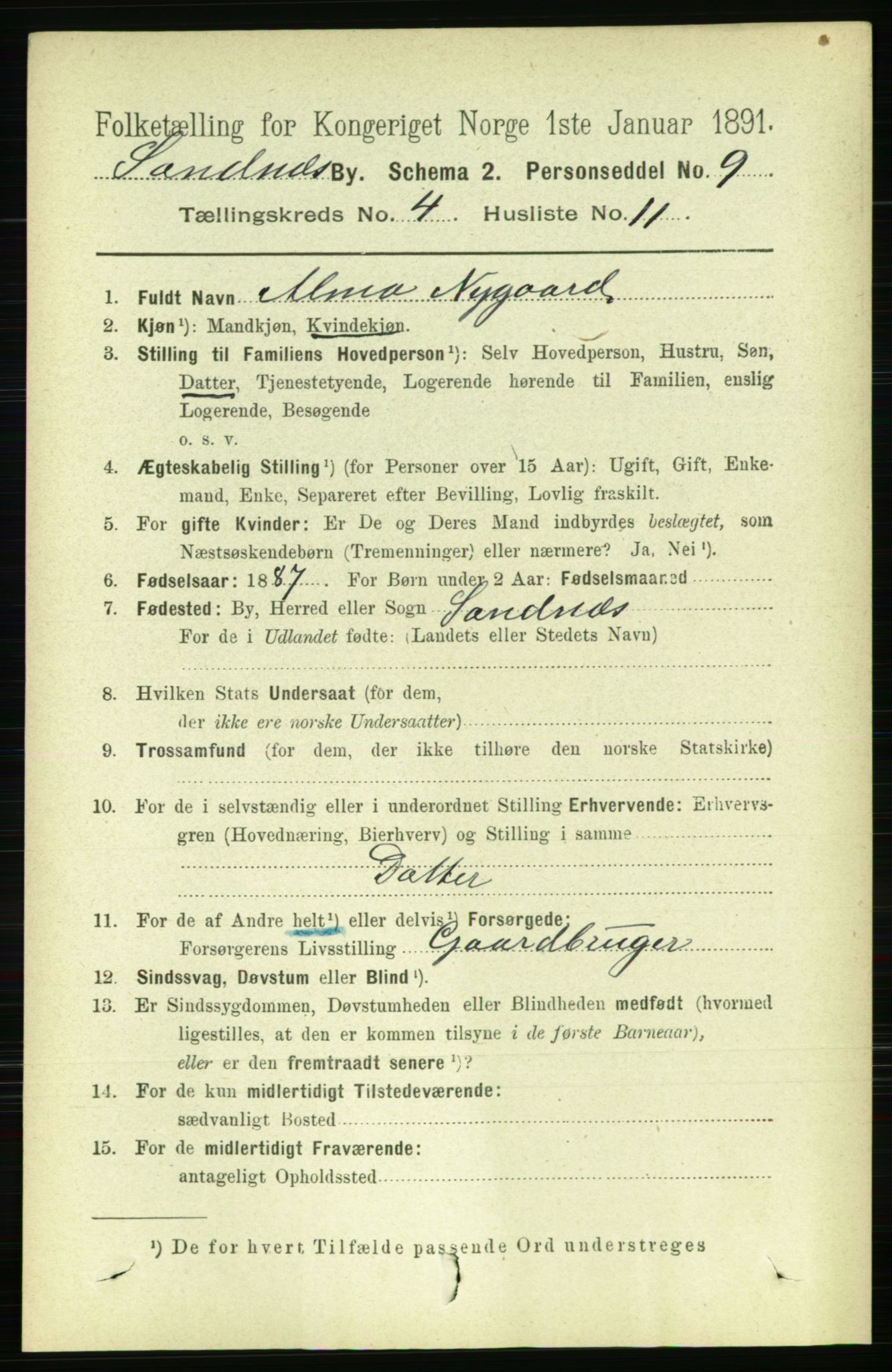 RA, 1891 census for 1102 Sandnes, 1891, p. 1851