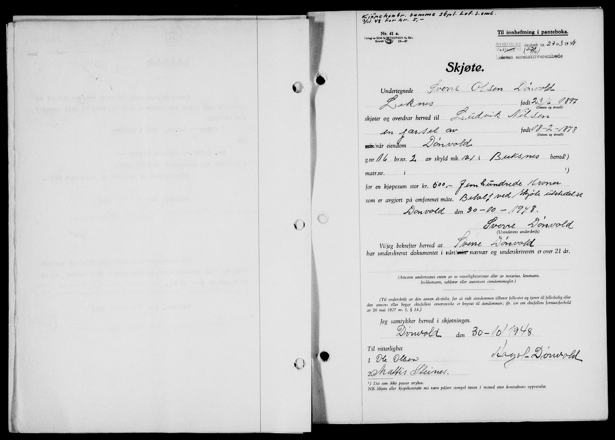 Lofoten sorenskriveri, SAT/A-0017/1/2/2C/L0019a: Mortgage book no. 19a, 1948-1948, Diary no: : 2703/1948