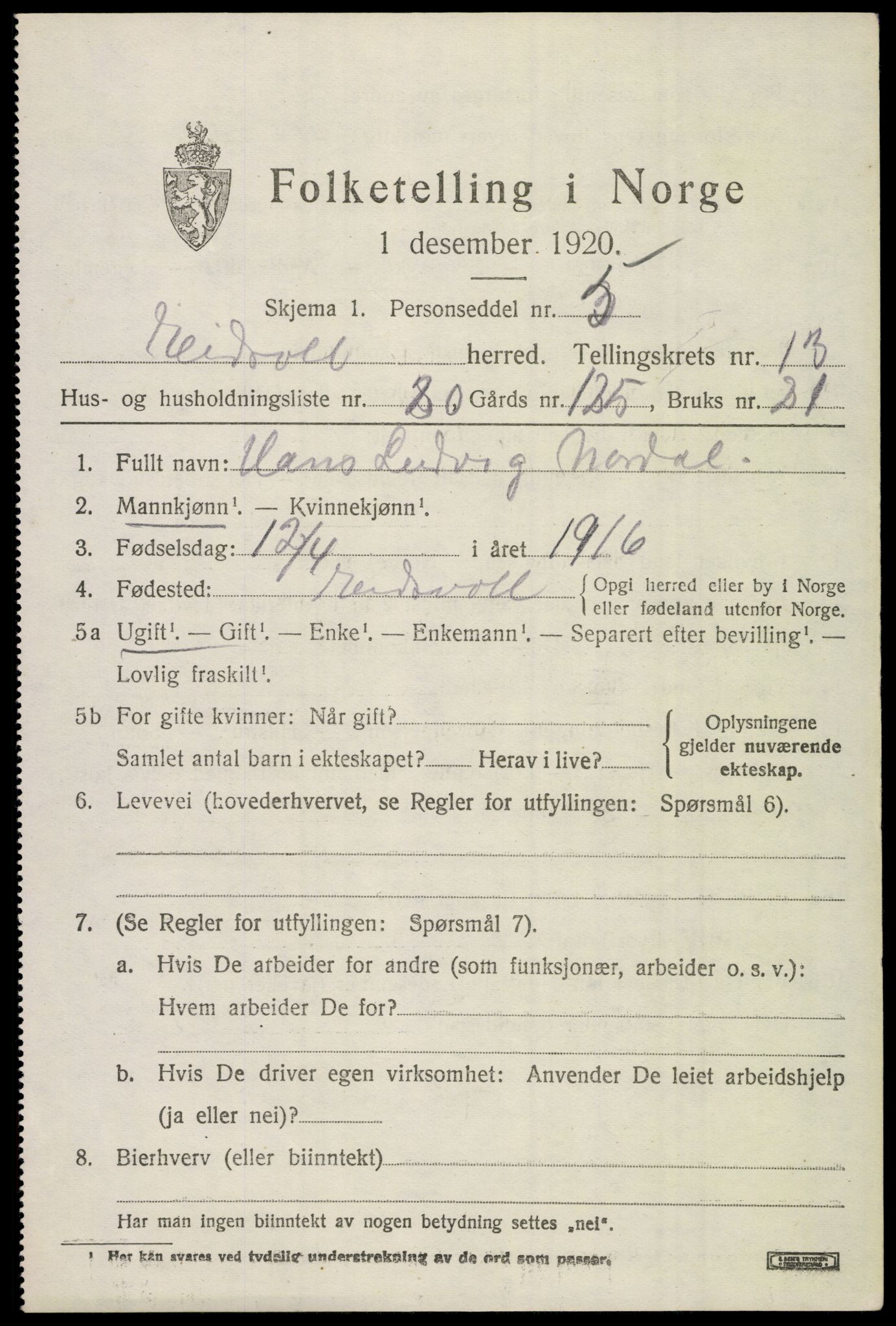 SAO, 1920 census for Eidsvoll, 1920, p. 20913