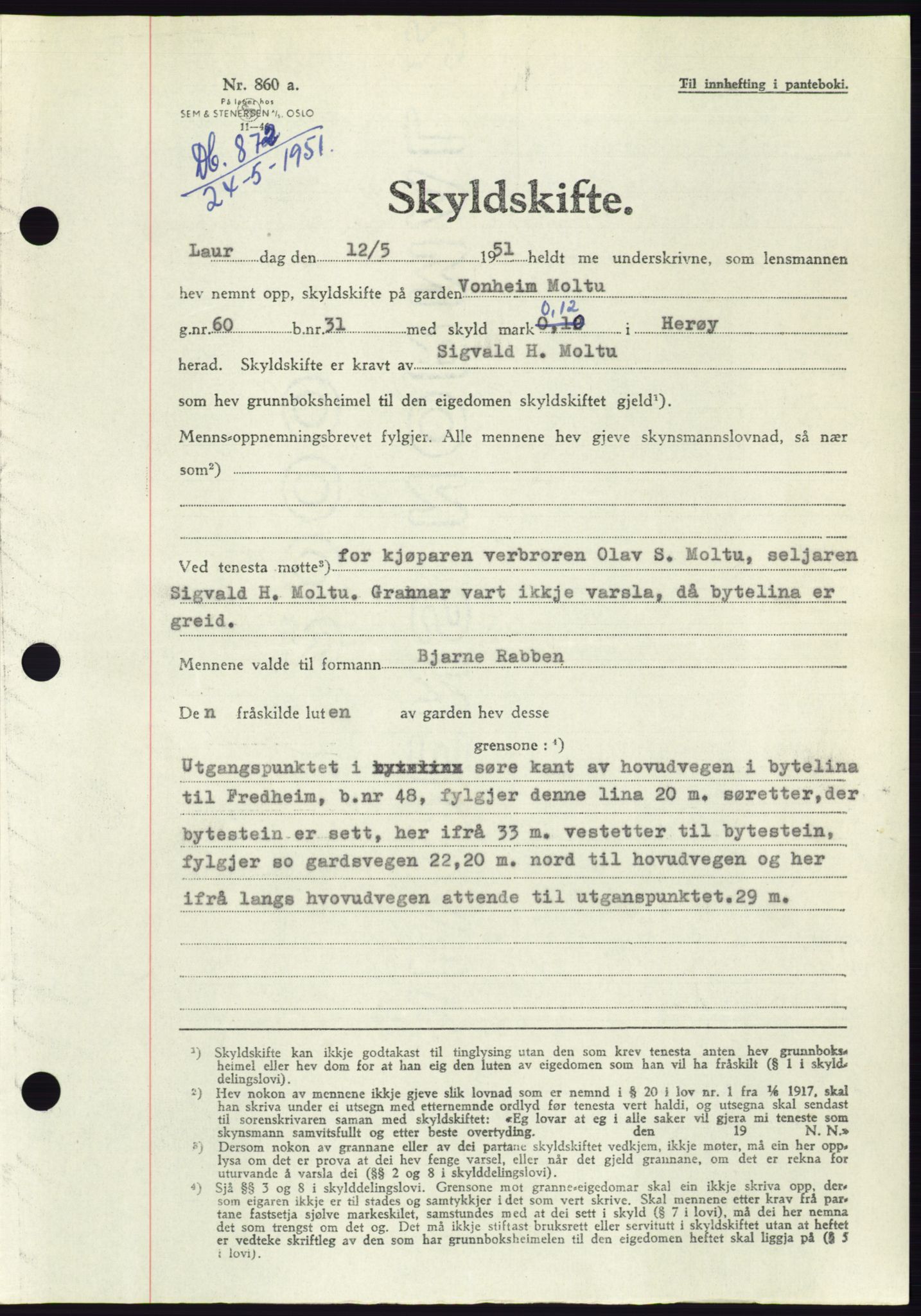 Søre Sunnmøre sorenskriveri, AV/SAT-A-4122/1/2/2C/L0089: Mortgage book no. 15A, 1951-1951, Diary no: : 872/1951