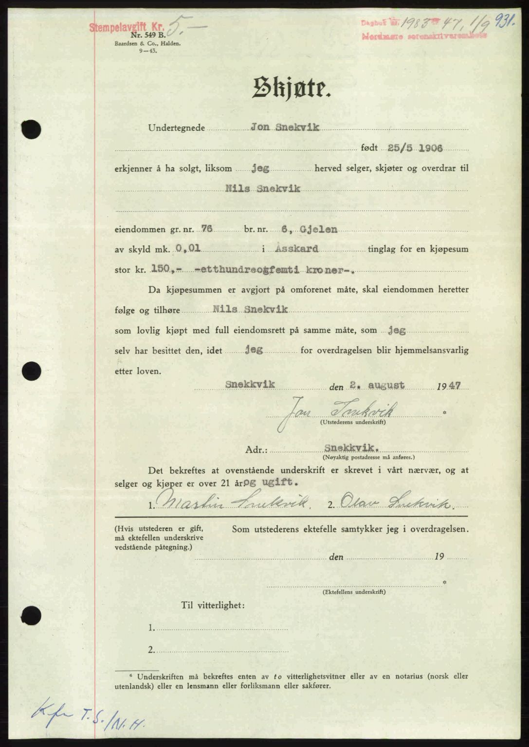 Nordmøre sorenskriveri, AV/SAT-A-4132/1/2/2Ca: Mortgage book no. A105, 1947-1947, Diary no: : 1983/1947