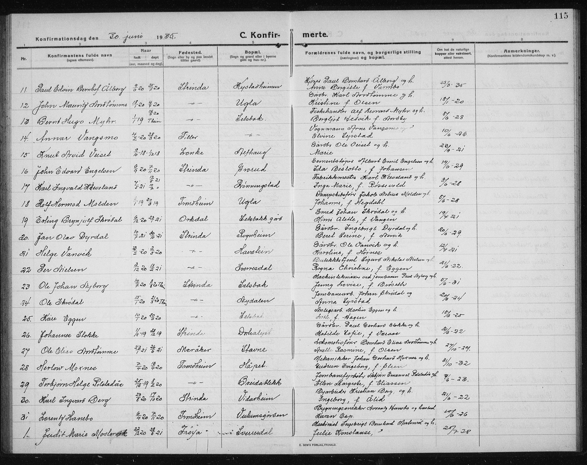 Ministerialprotokoller, klokkerbøker og fødselsregistre - Sør-Trøndelag, SAT/A-1456/611/L0356: Parish register (copy) no. 611C04, 1914-1938, p. 115