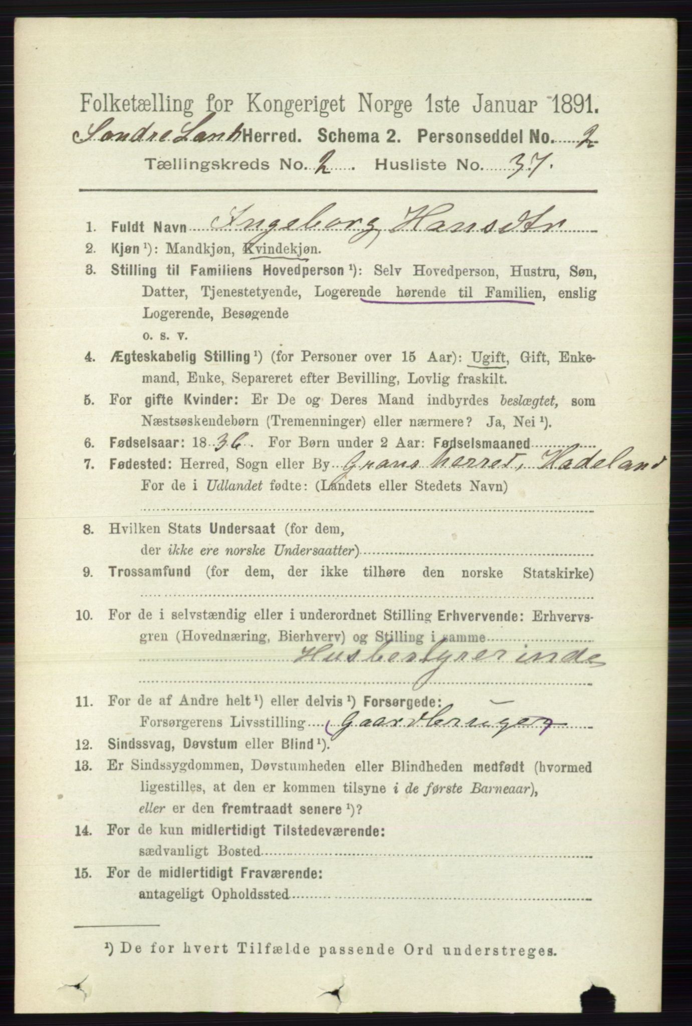 RA, 1891 census for 0536 Søndre Land, 1891, p. 1267