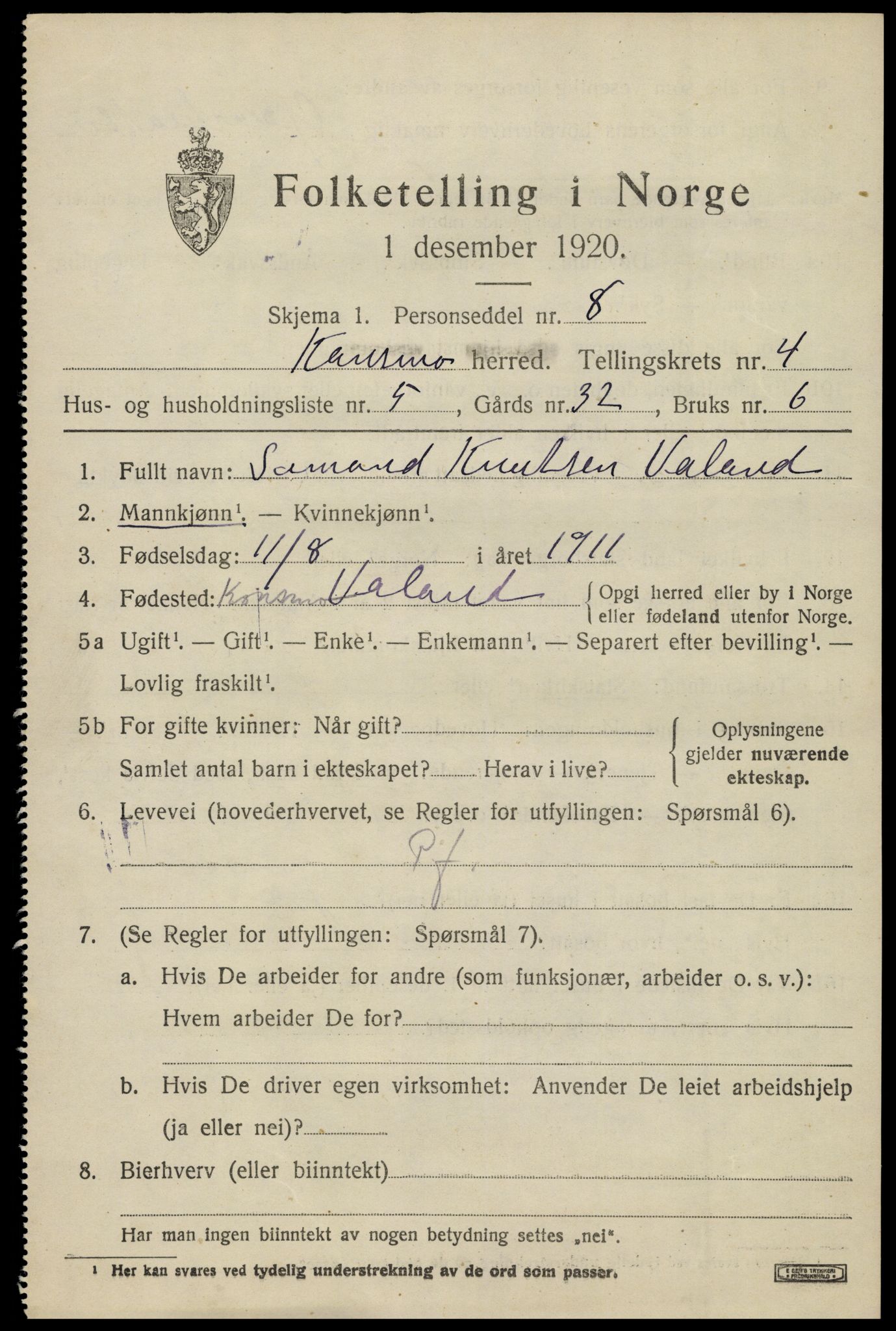 SAK, 1920 census for Konsmo, 1920, p. 1248