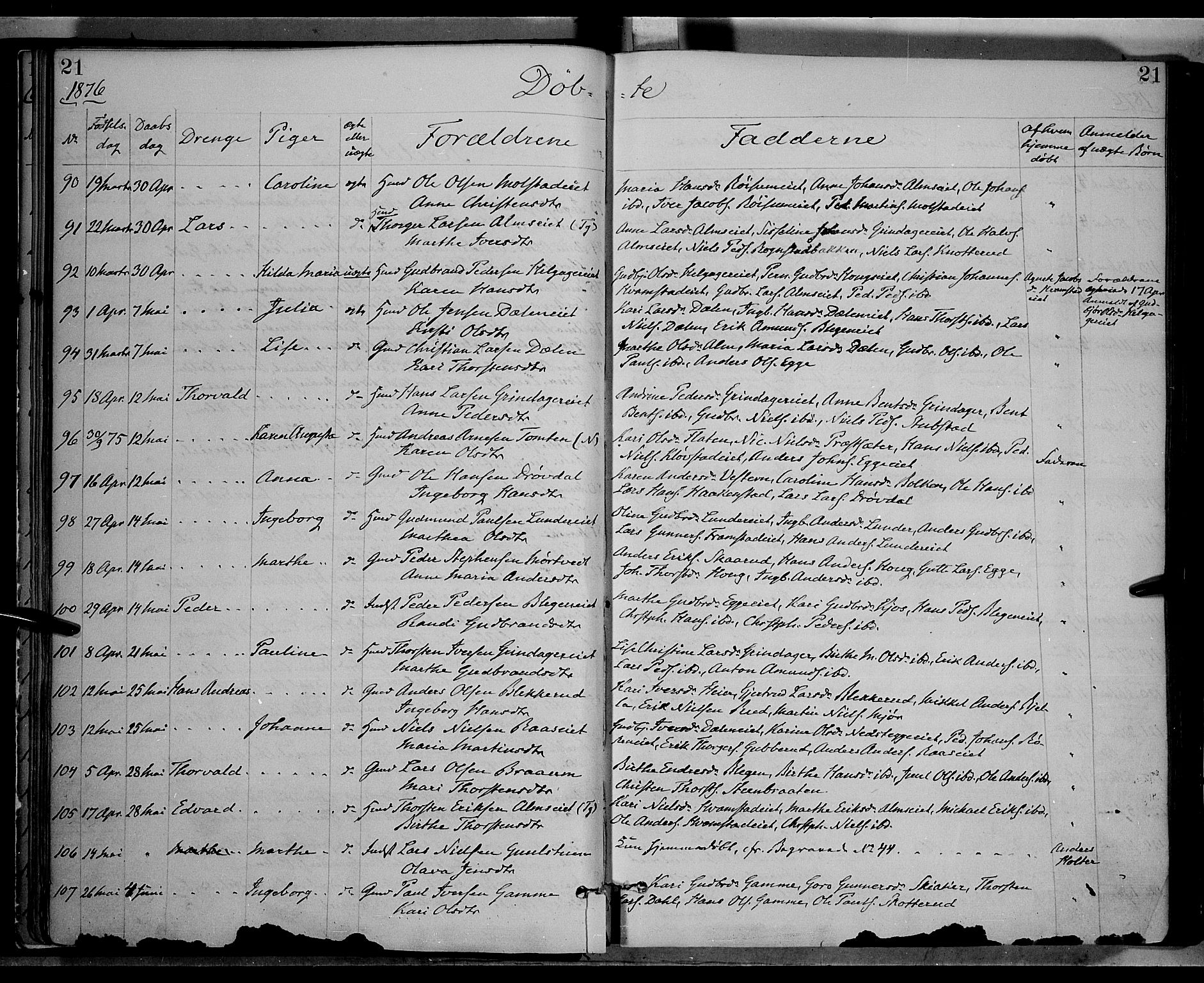 Gran prestekontor, AV/SAH-PREST-112/H/Ha/Haa/L0013: Parish register (official) no. 13, 1875-1879, p. 21