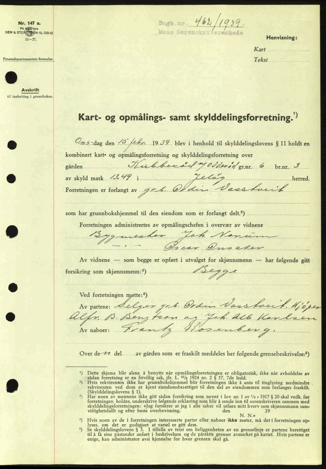 Moss sorenskriveri, SAO/A-10168: Mortgage book no. A5, 1938-1939, Diary no: : 462/1939