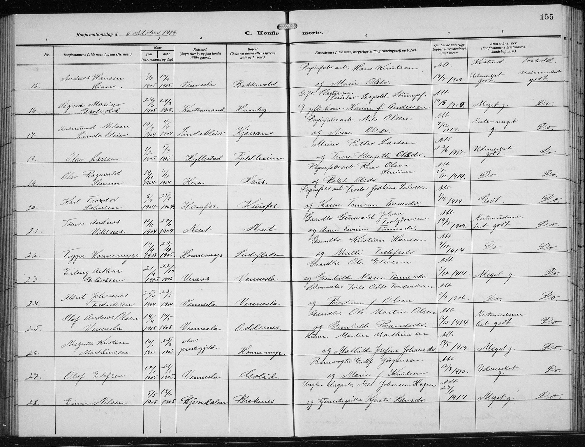 Vennesla sokneprestkontor, AV/SAK-1111-0045/Fb/Fbb/L0006: Parish register (copy) no. B 6, 1914-1921, p. 155